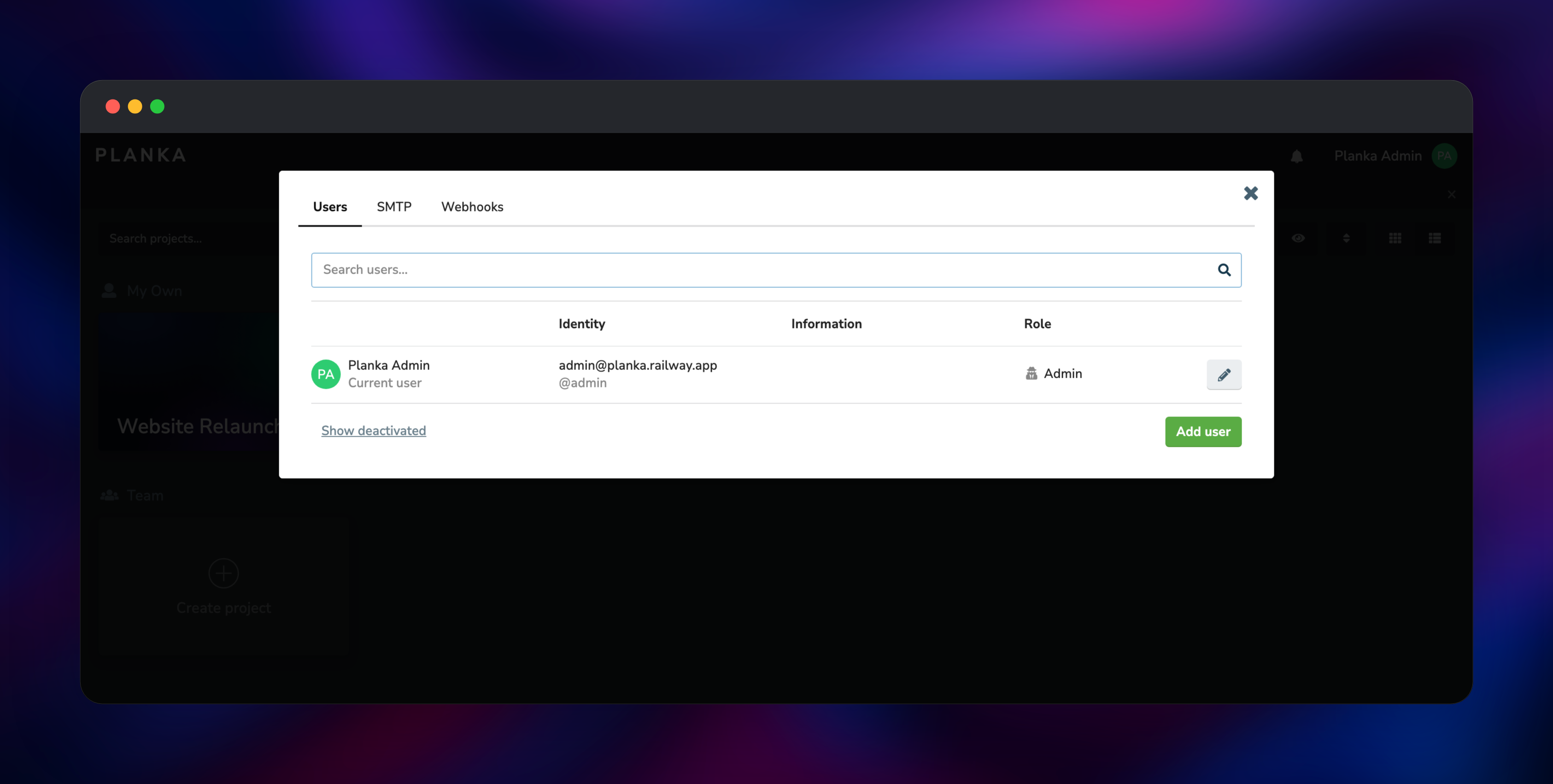 Planka administration panel listing instance users
