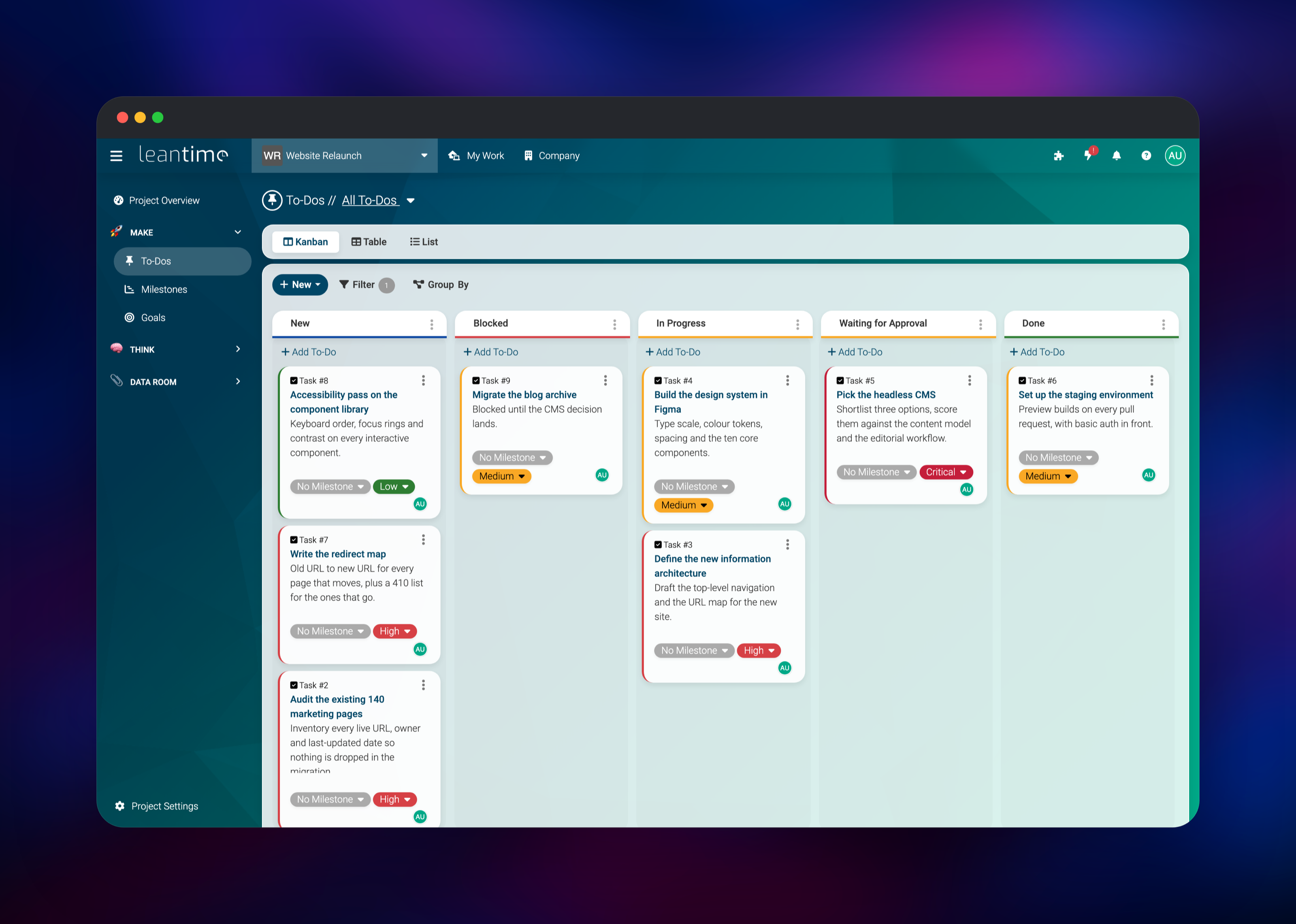 Leantime kanban board with website relaunch tasks in five columns