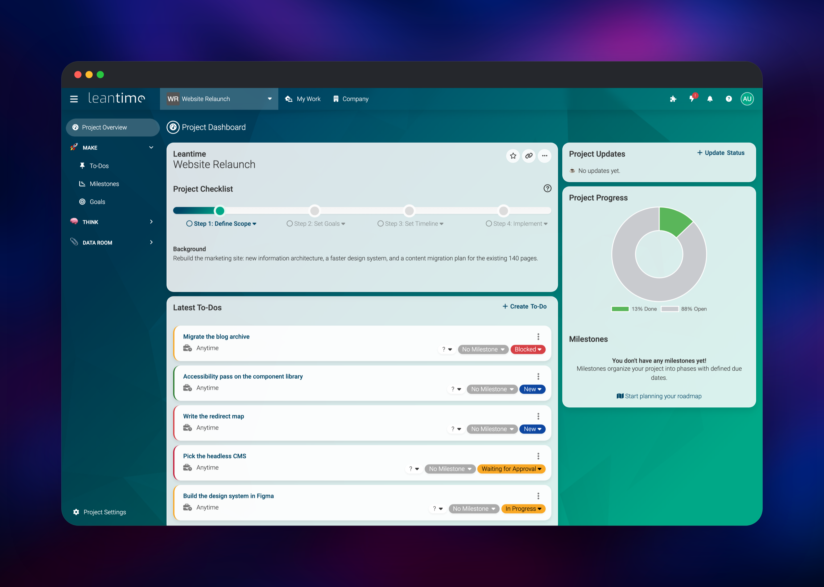 Leantime project dashboard showing progress ring and latest to-dos