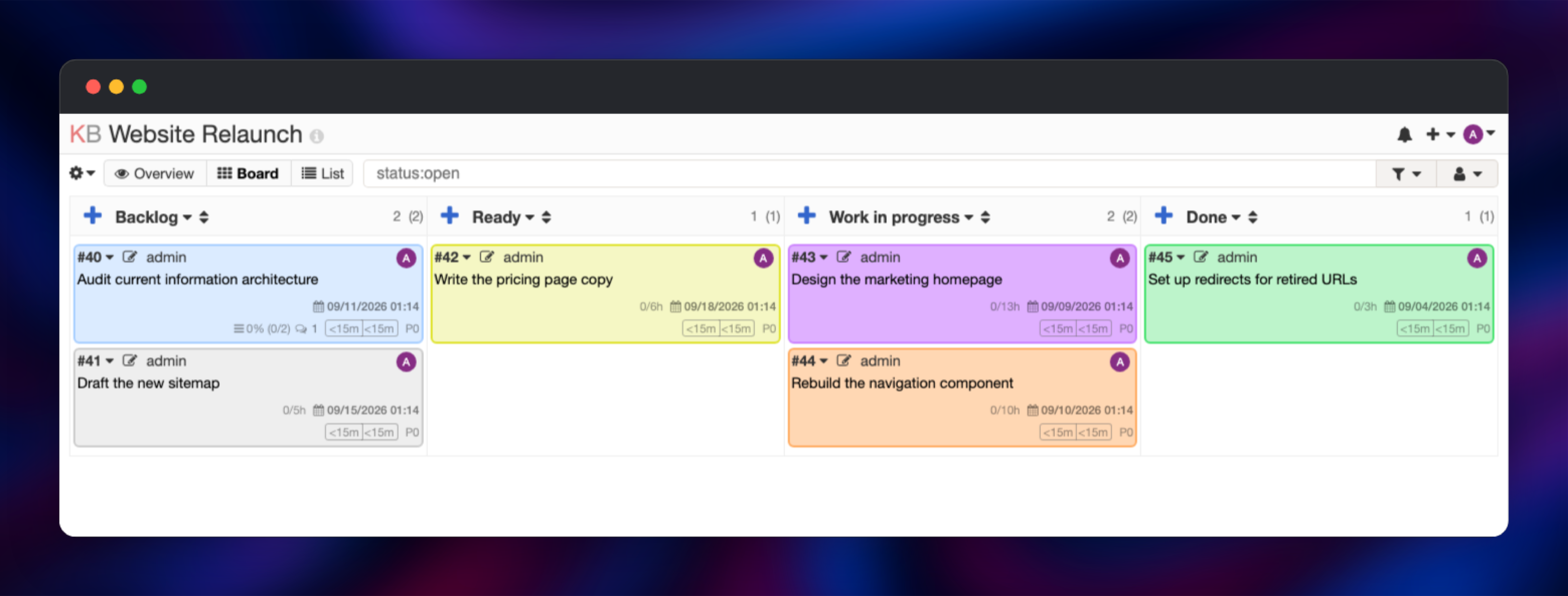 Kanboard board with website tasks across four columns