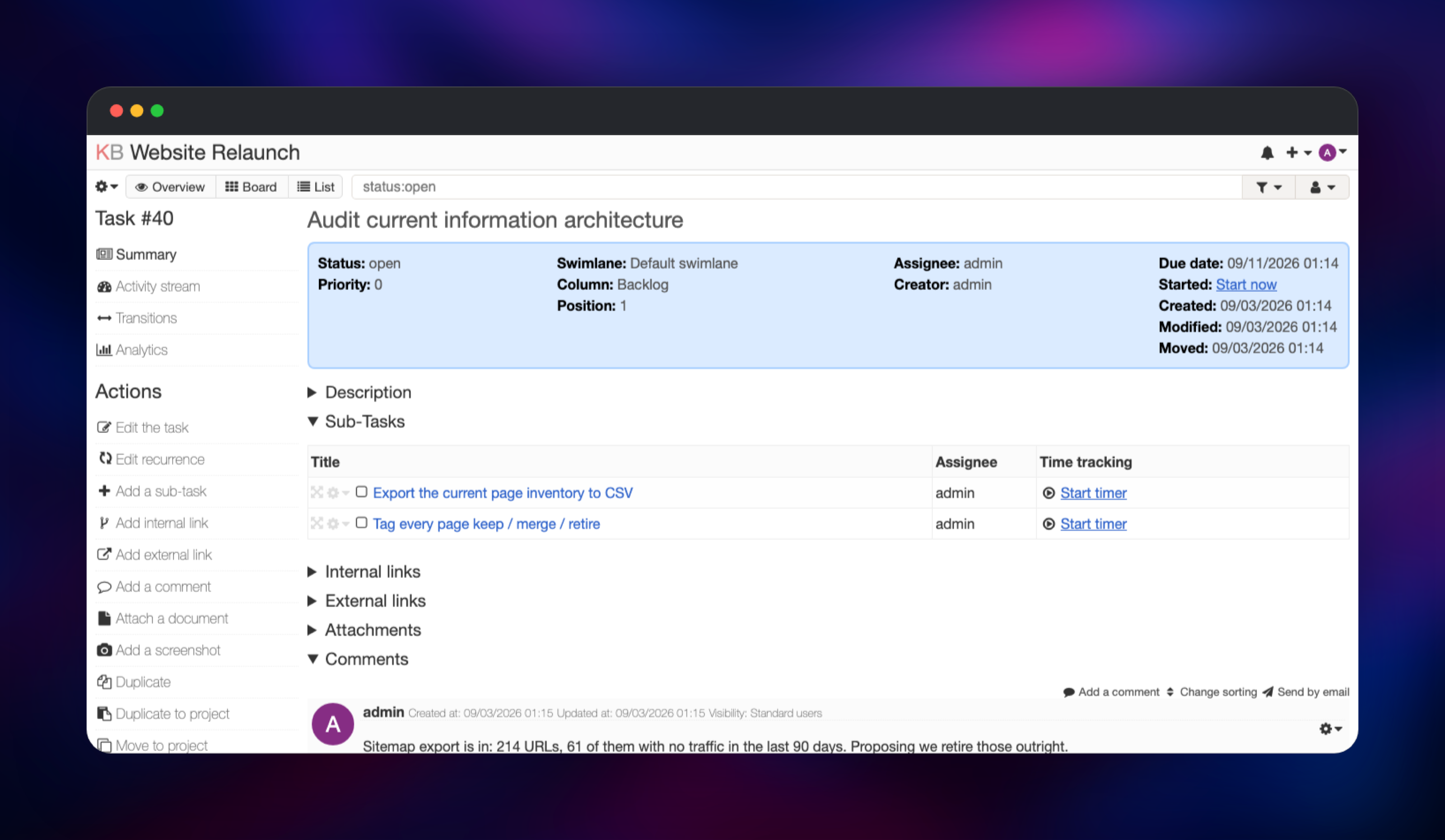 Kanboard task showing its subtasks and comment thread