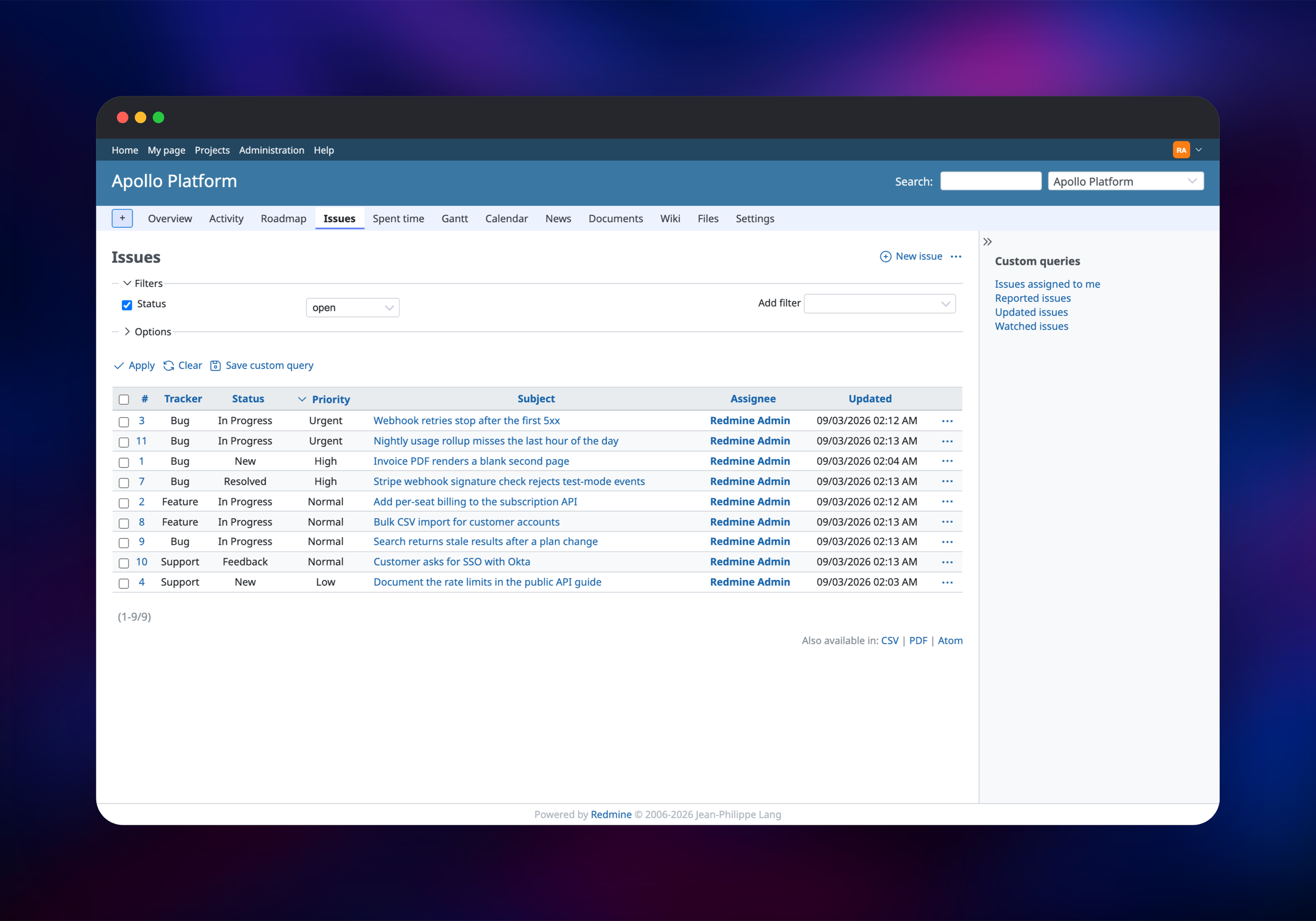 Redmine issue list filtered to open bugs and features