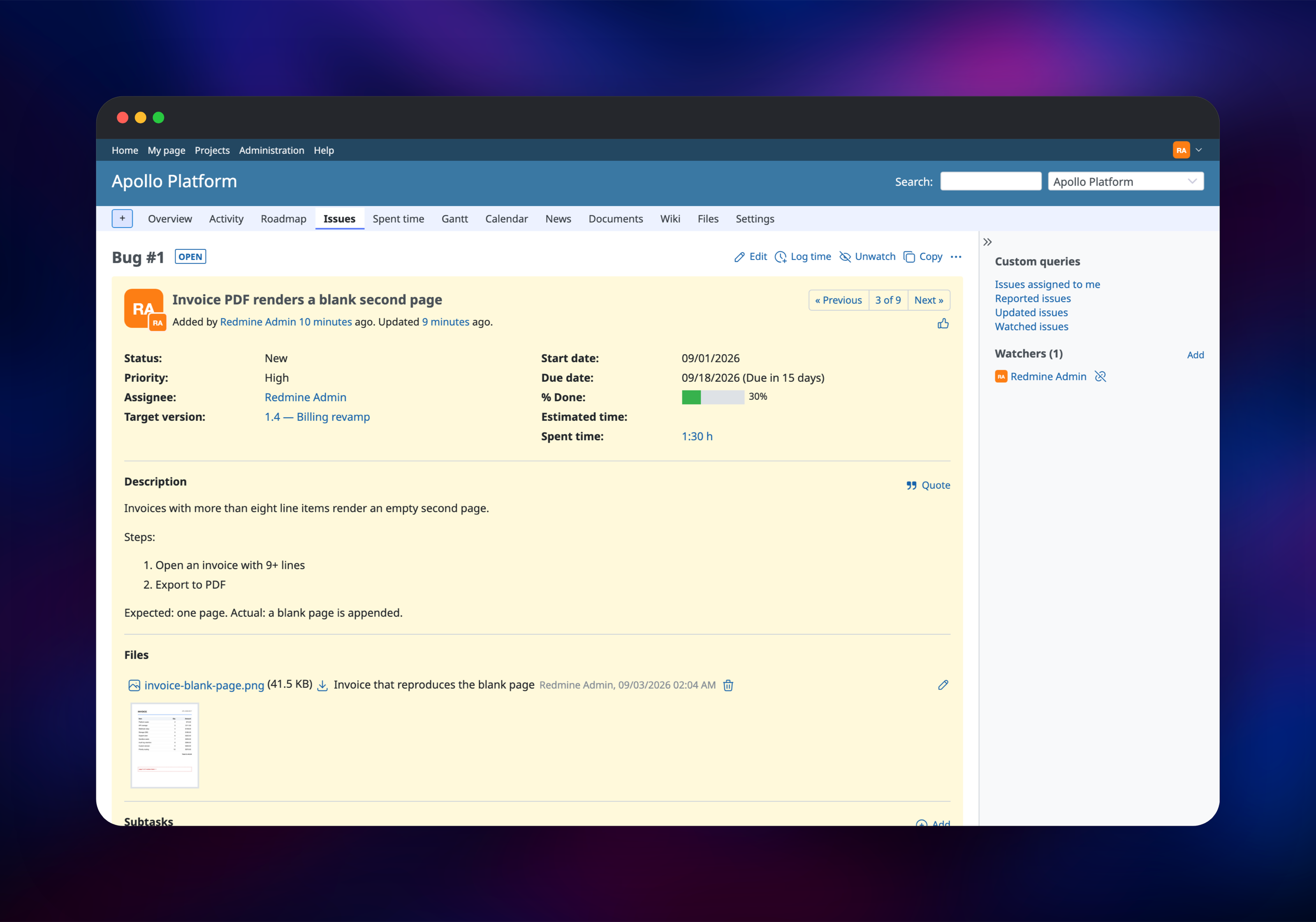 Redmine bug report with an attached invoice screenshot