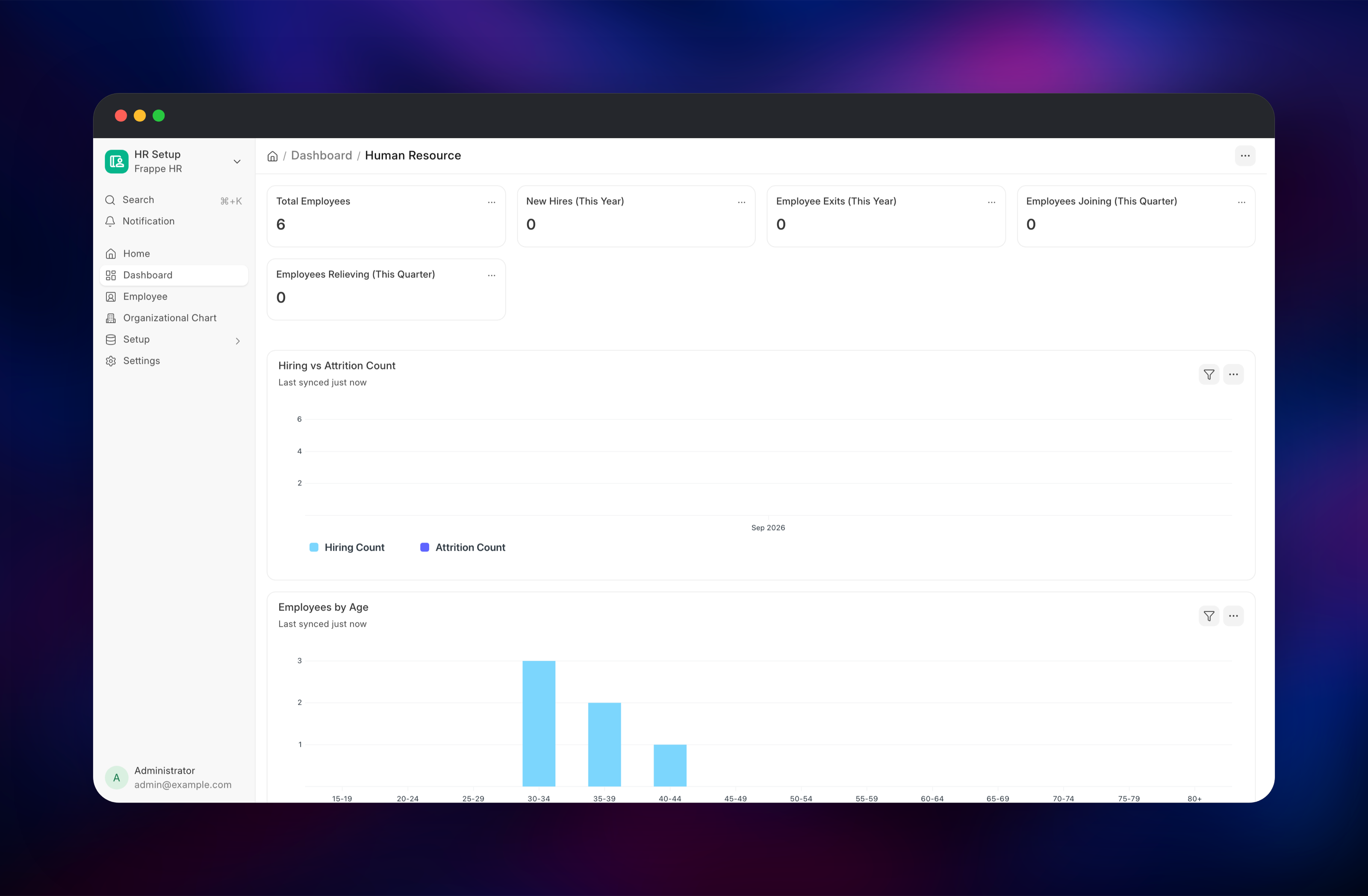 Frappe HR dashboard counting six employees with hiring and age charts