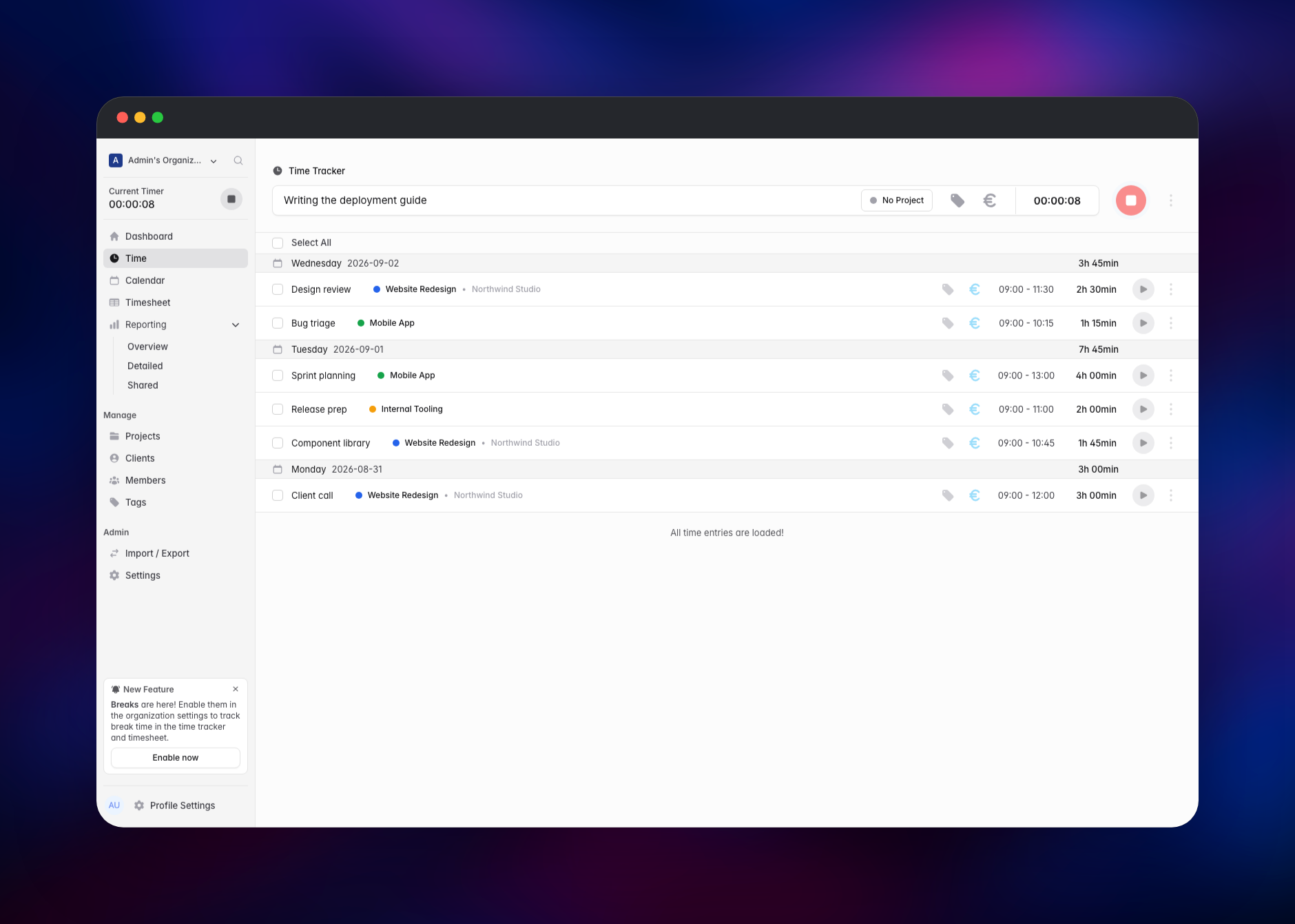 solidtime time tracker with a running timer and daily entries