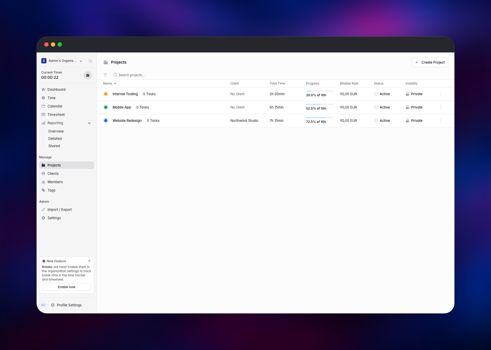 solidtime projects list with clients, rates and progress