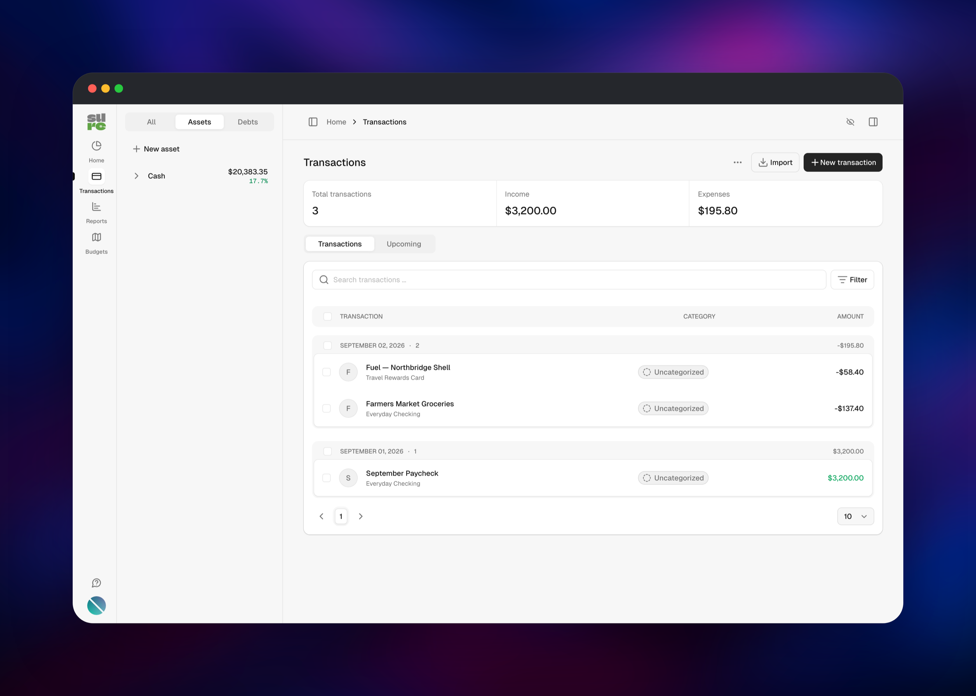 Sure transactions list with income and expense totals