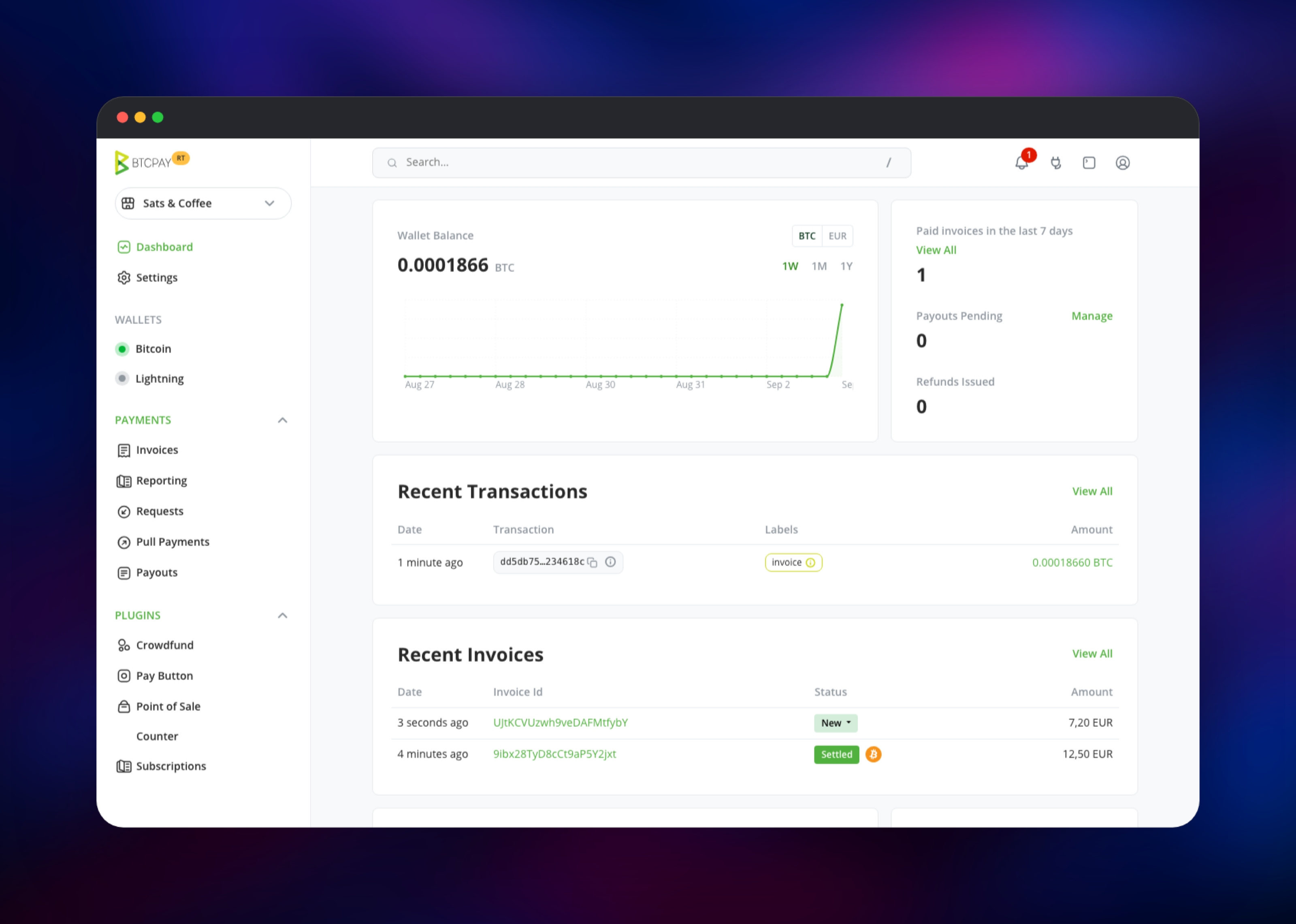 BTCPay store dashboard showing a settled invoice and wallet balance