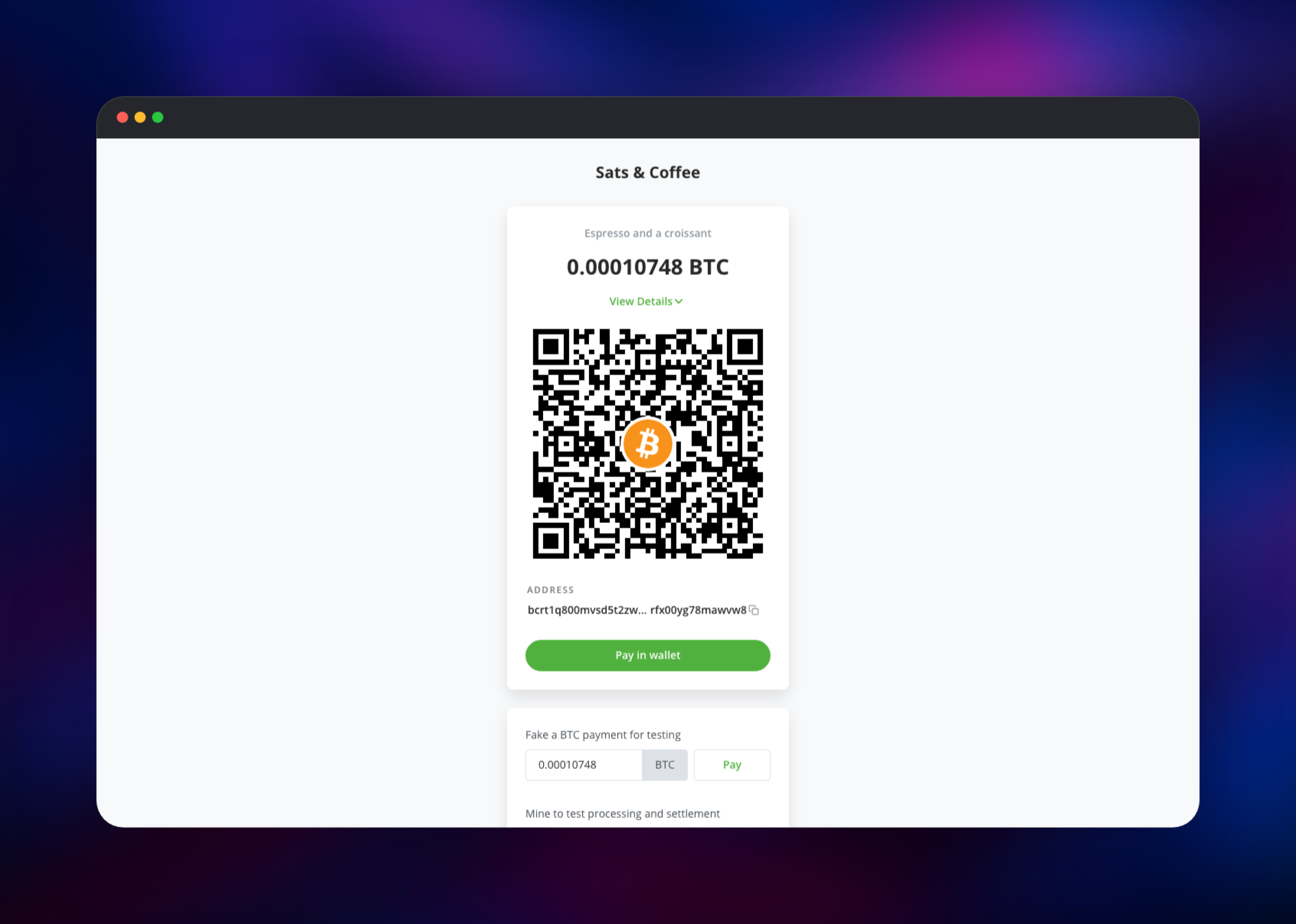 BTCPay checkout page with a Bitcoin address and payment QR code