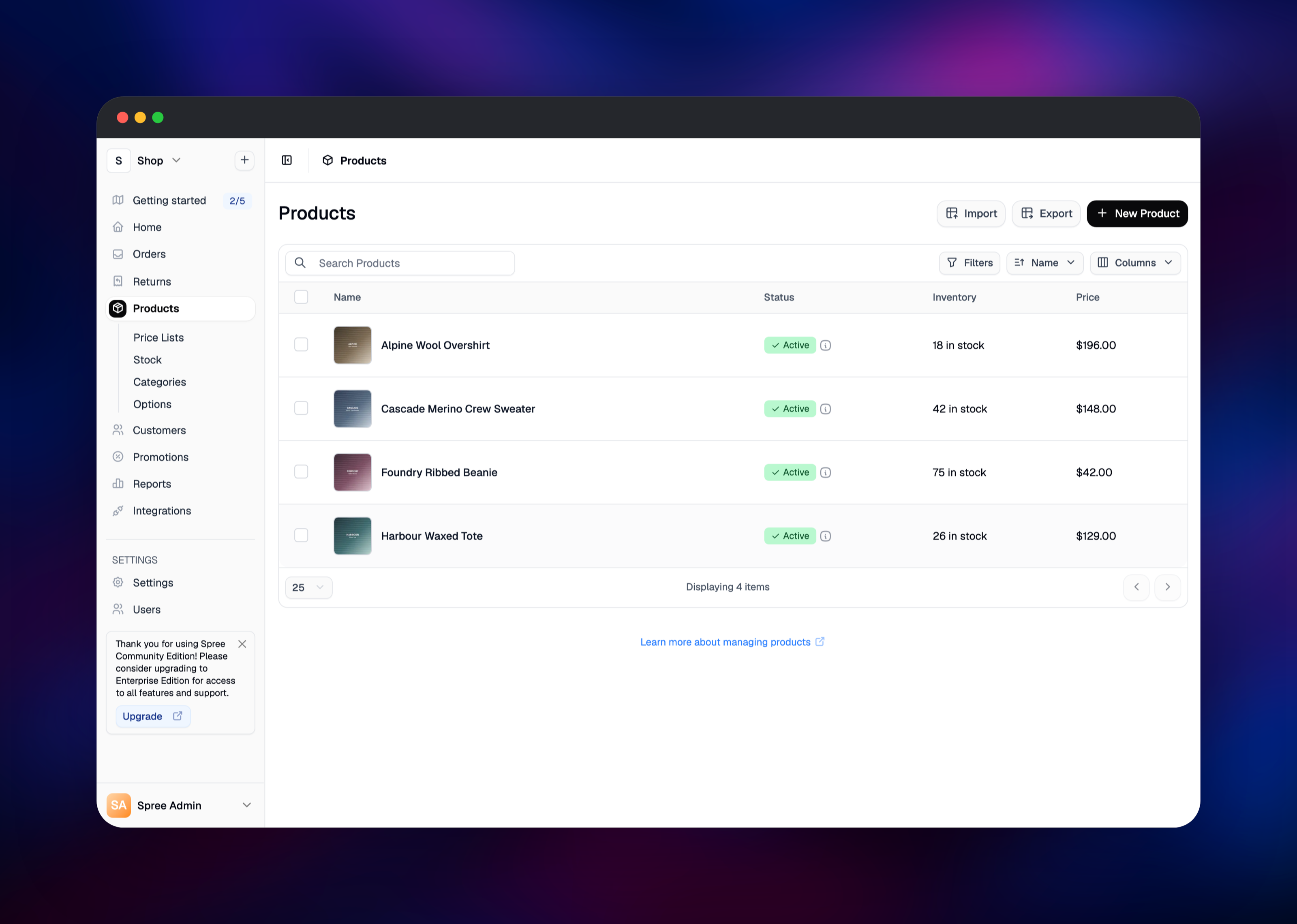 Spree admin product catalogue listing four active products with prices