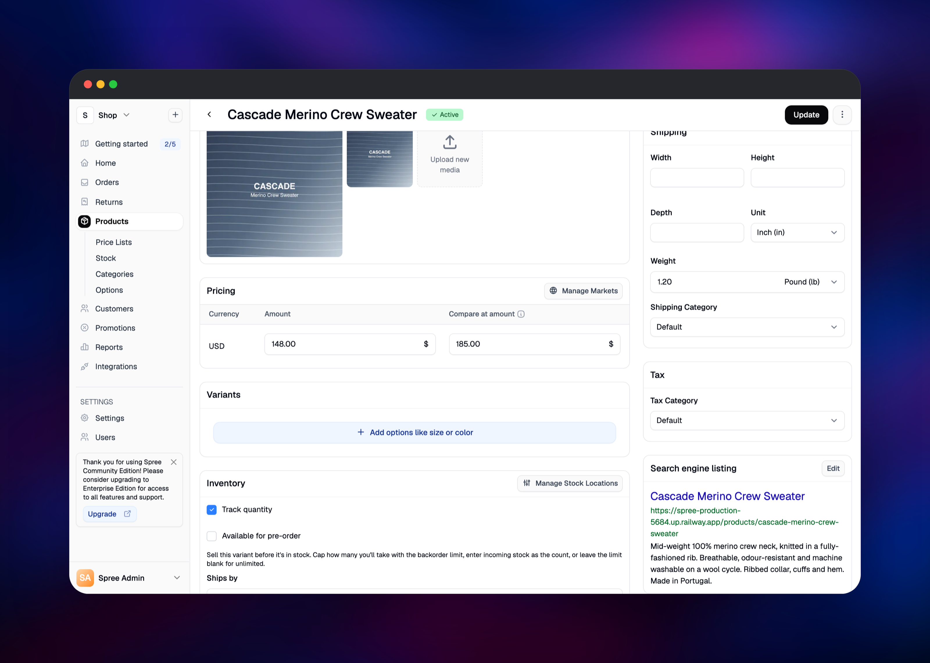 Spree product editor showing media, pricing and inventory fields