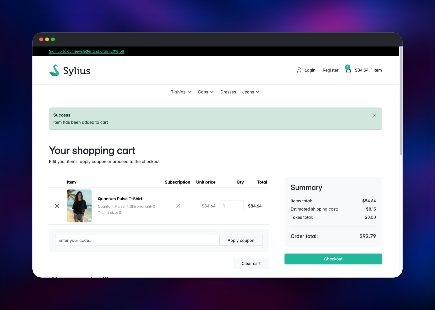Sylius shopping cart holding a T-shirt with its price