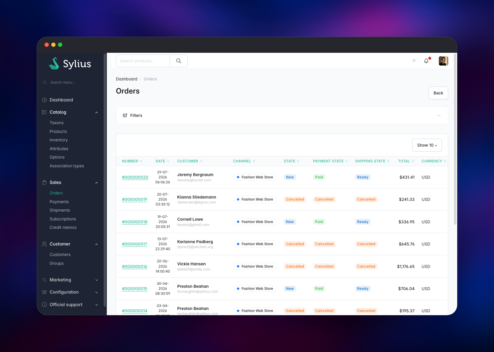 Sylius admin order grid listing twenty placed orders