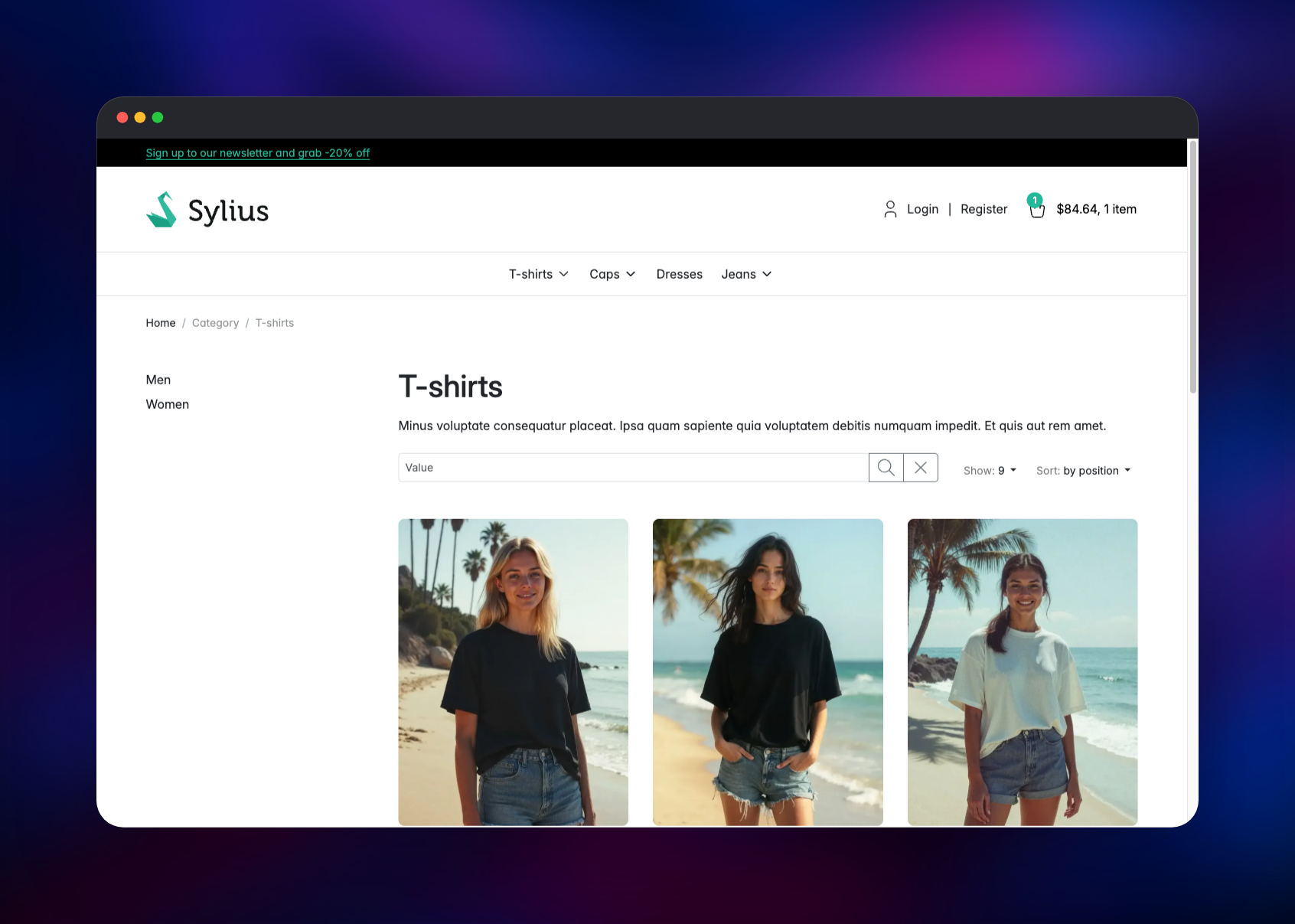 Sylius T-shirts category listing with product photos