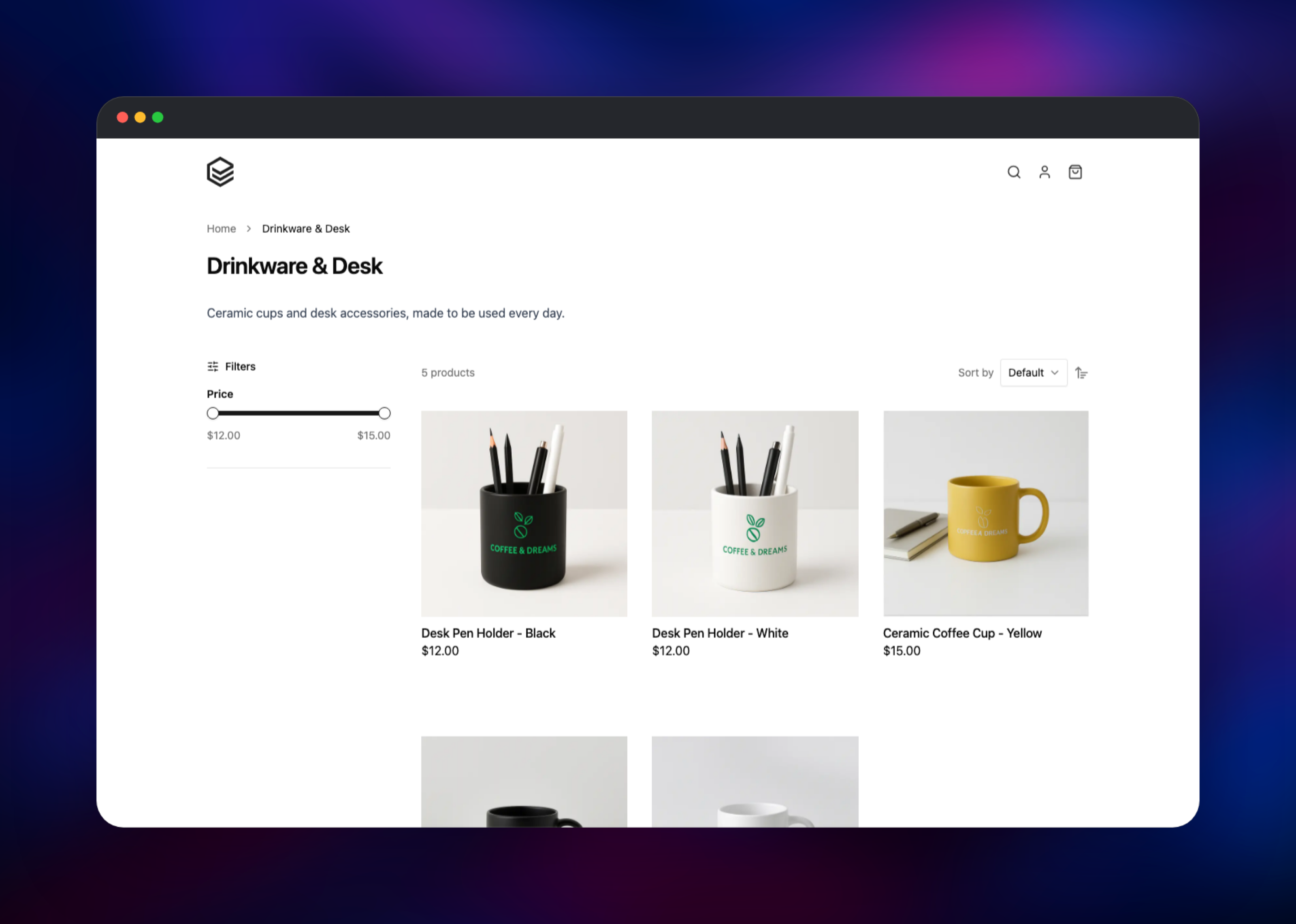 EverShop storefront category page with five ceramic products