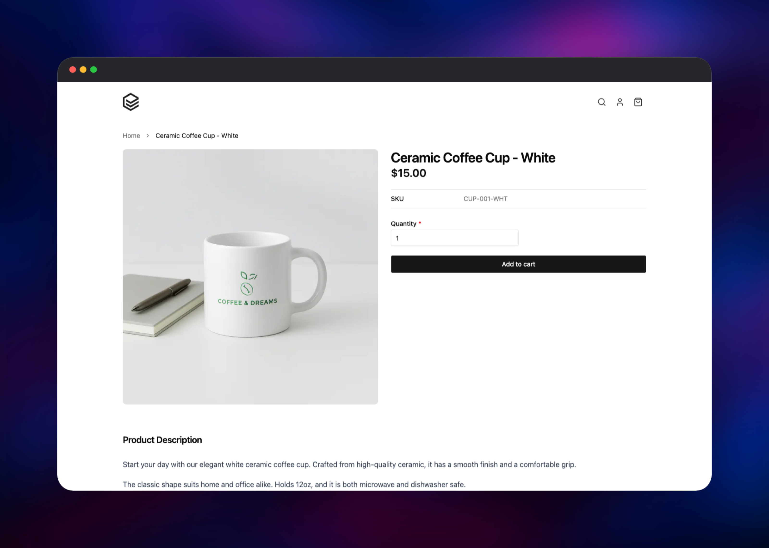 EverShop product page showing a coffee cup and add to cart