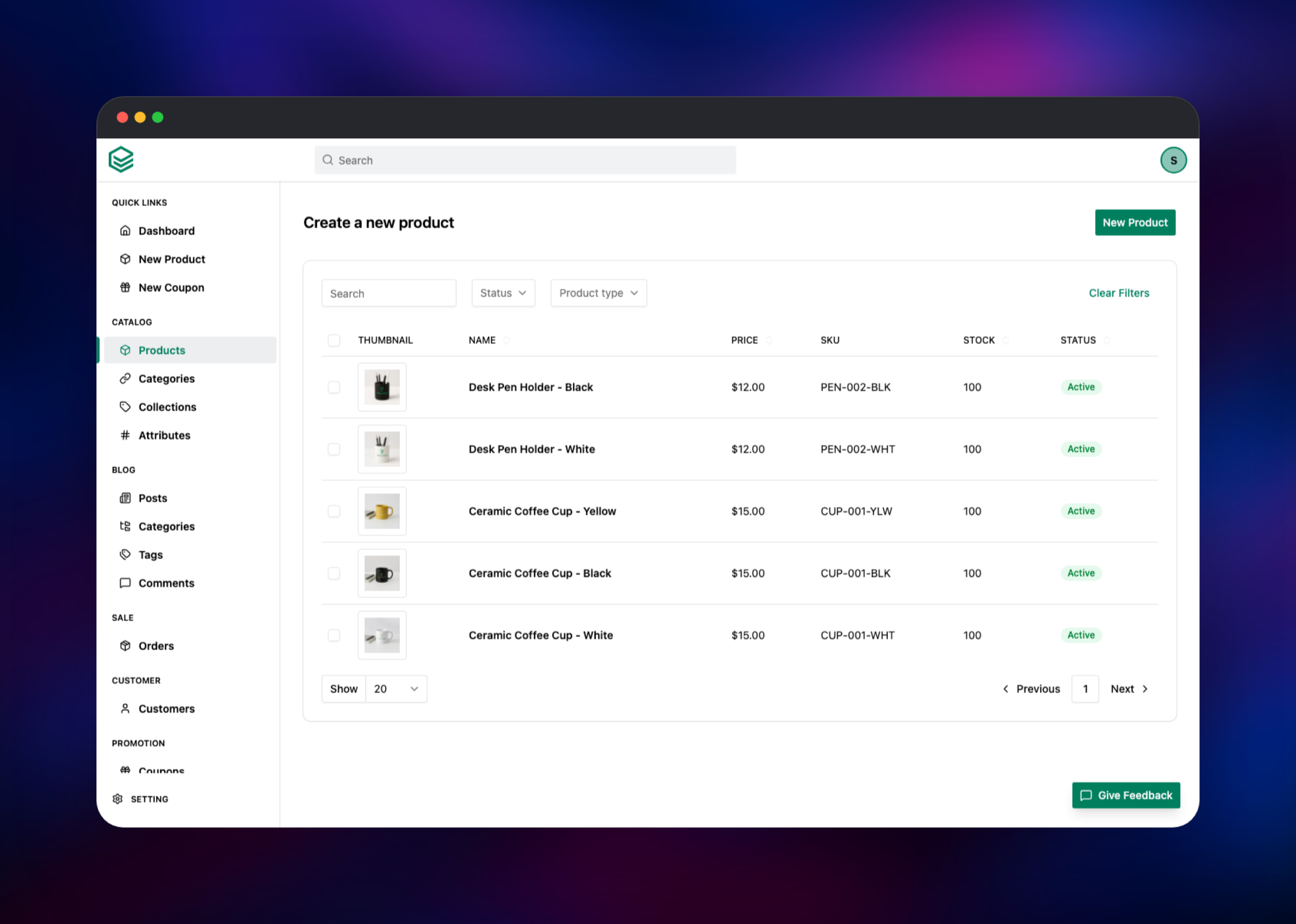 EverShop admin catalog listing products with prices and stock
