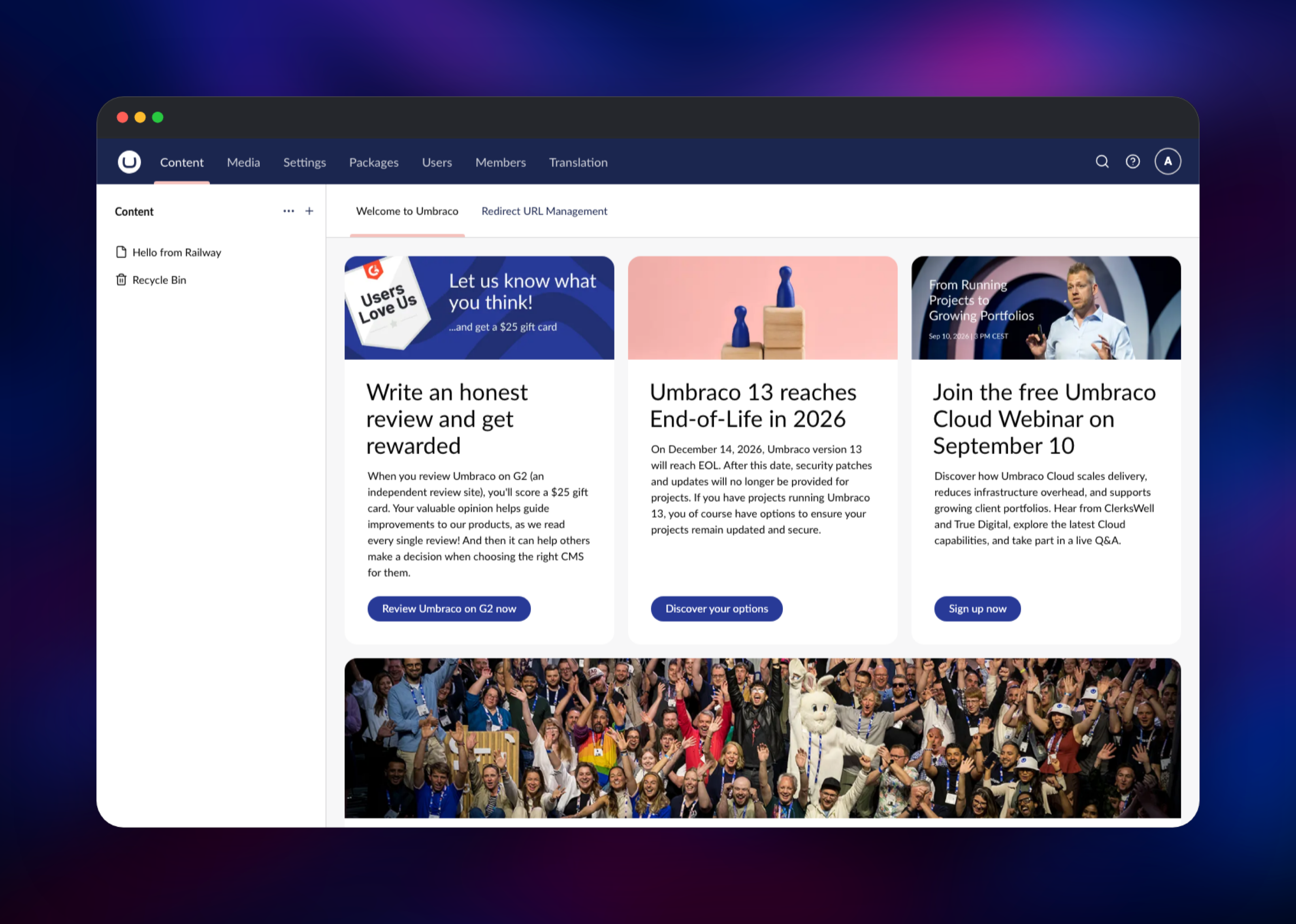 Umbraco content tree and welcome dashboard
