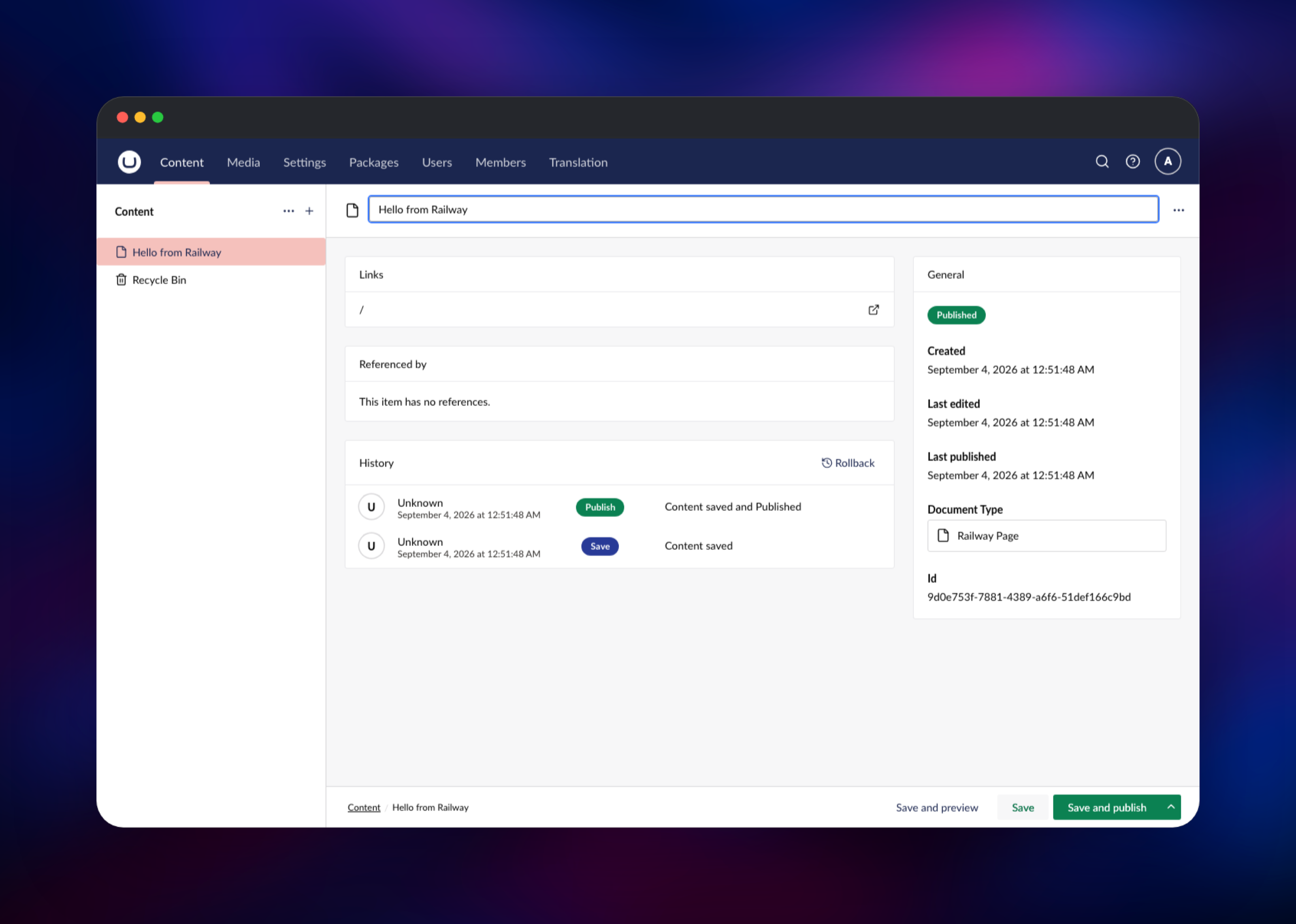 Published Umbraco page showing its save history