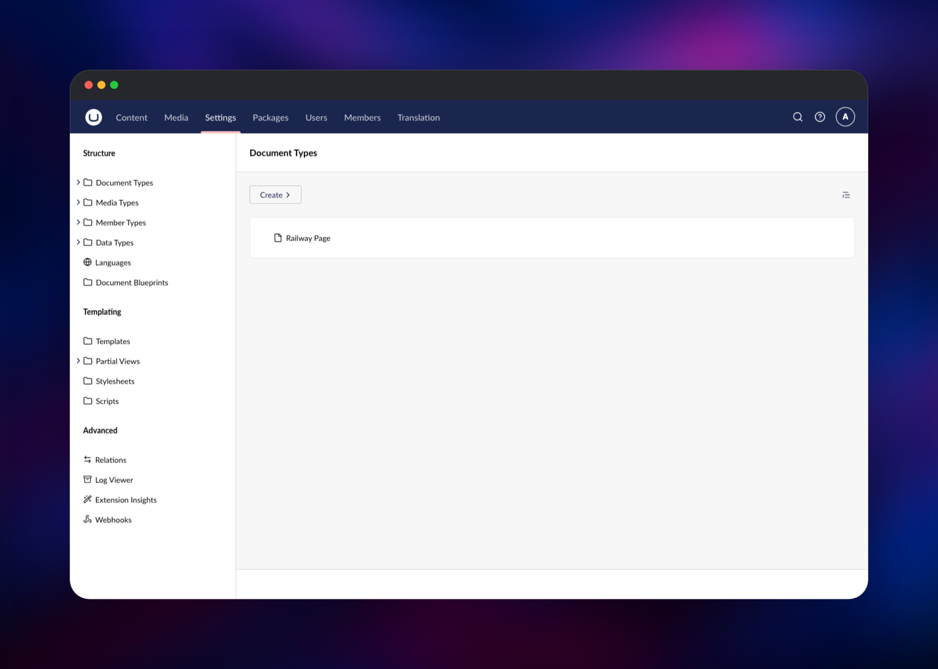 Umbraco settings tree listing a document type