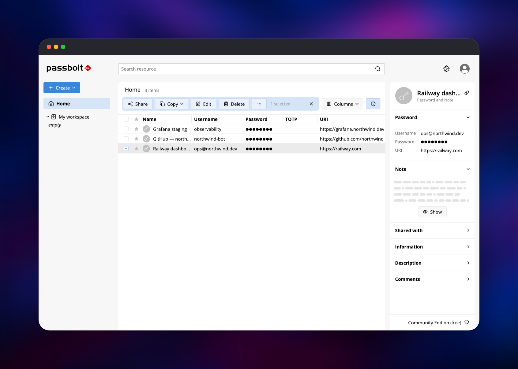 Passbolt workspace listing saved passwords with details panel
