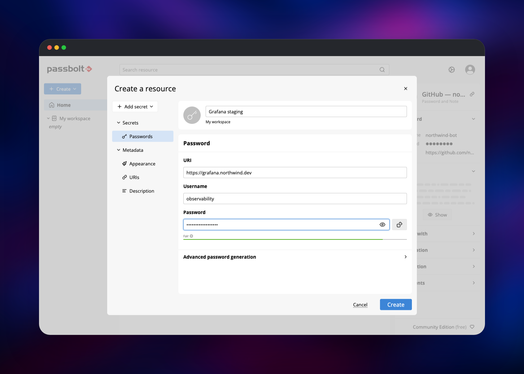 Creating a Grafana password entry in Passbolt