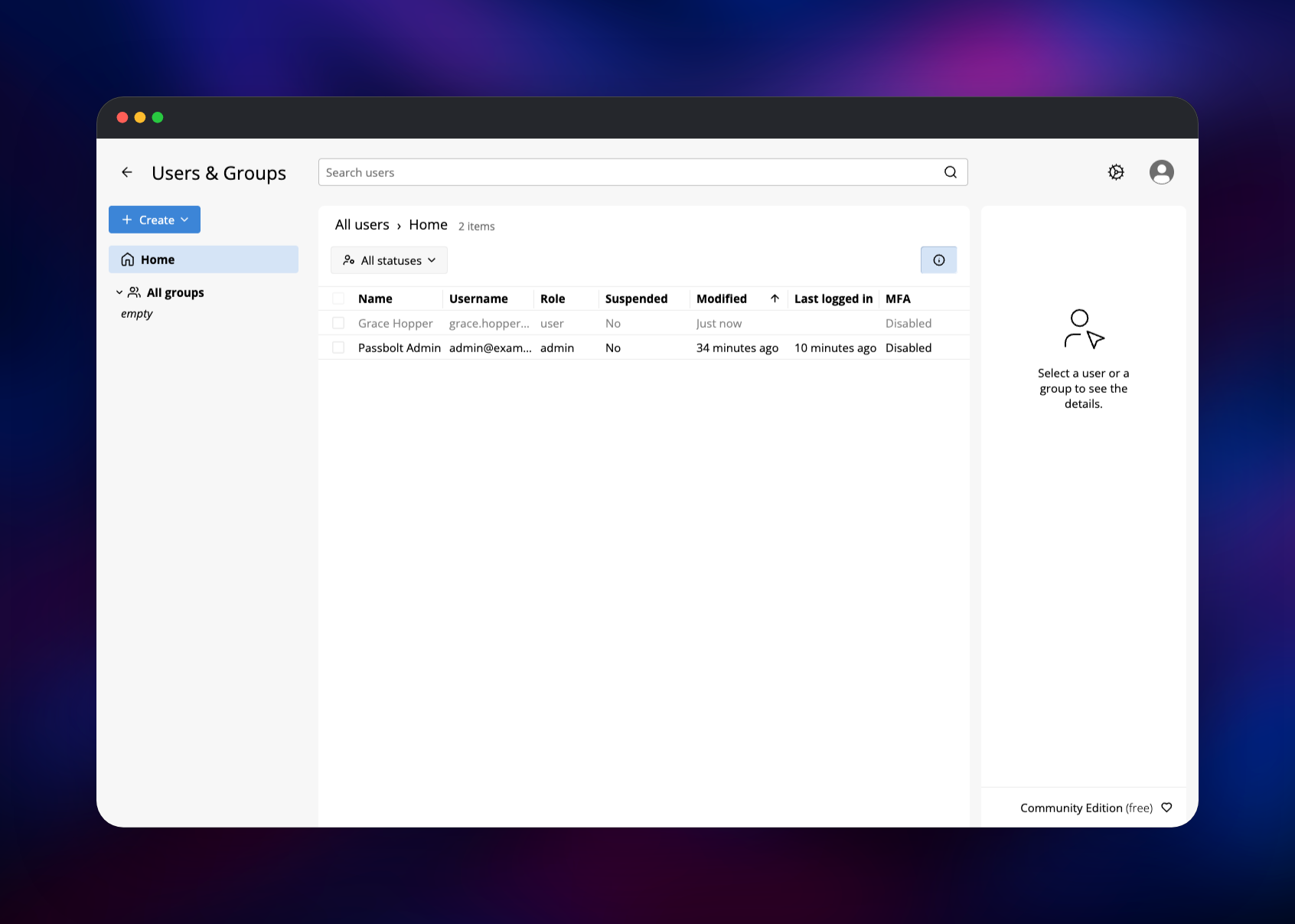 Passbolt Users and Groups screen with two accounts