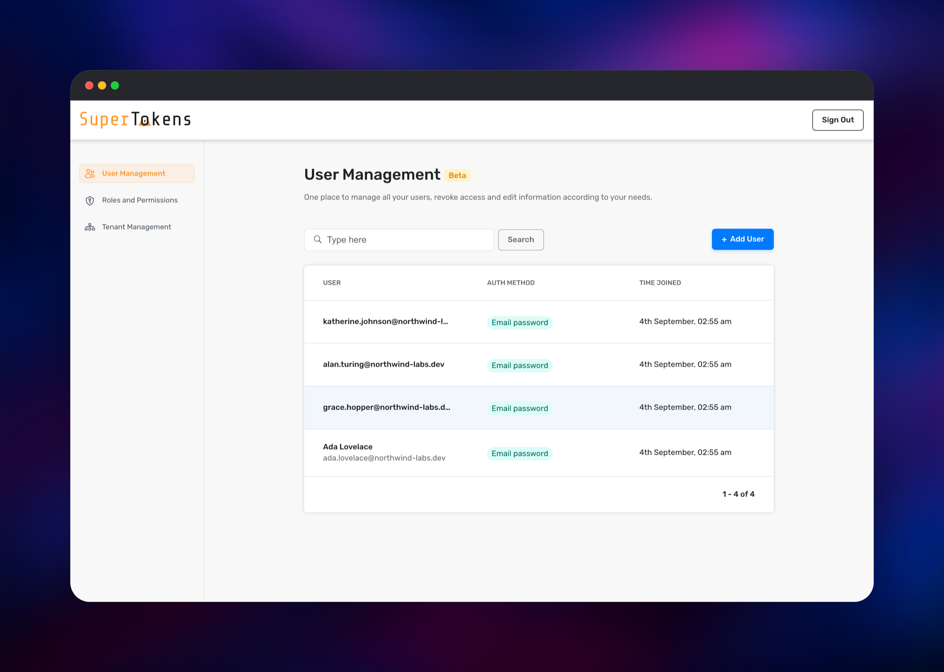 SuperTokens user list showing four email-password accounts