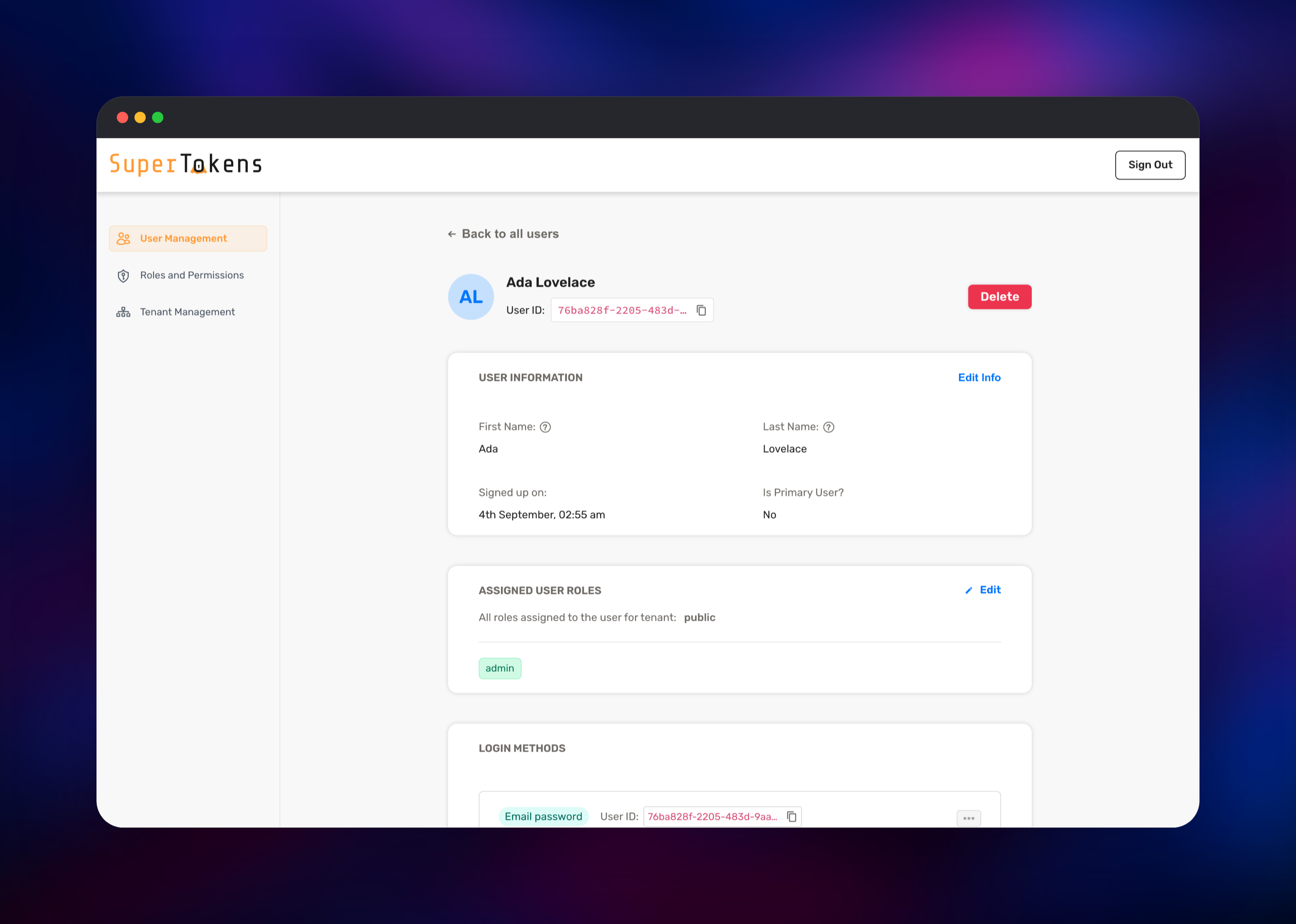 SuperTokens user profile with its assigned admin role