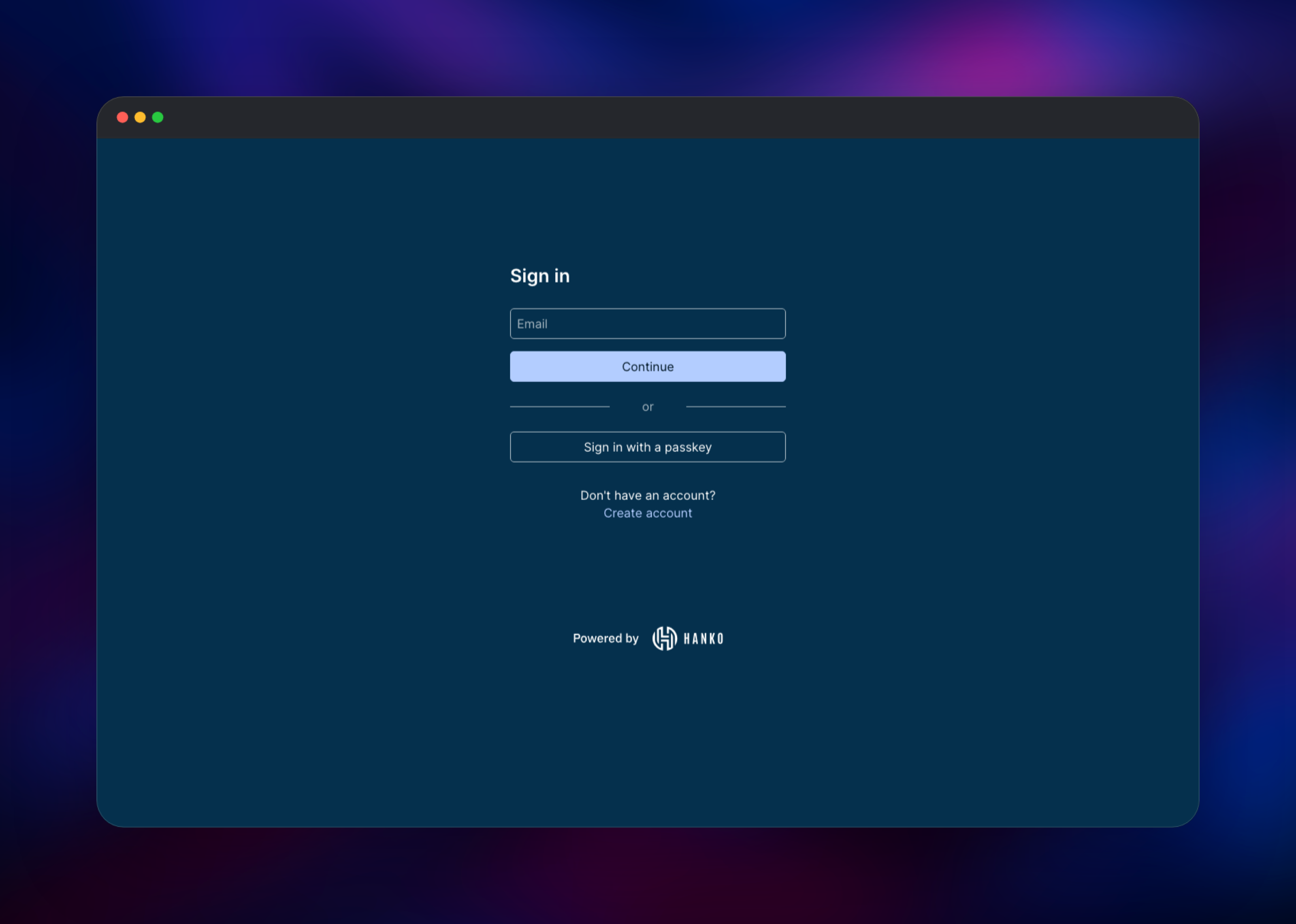 Hanko sign-in screen offering email or a passkey