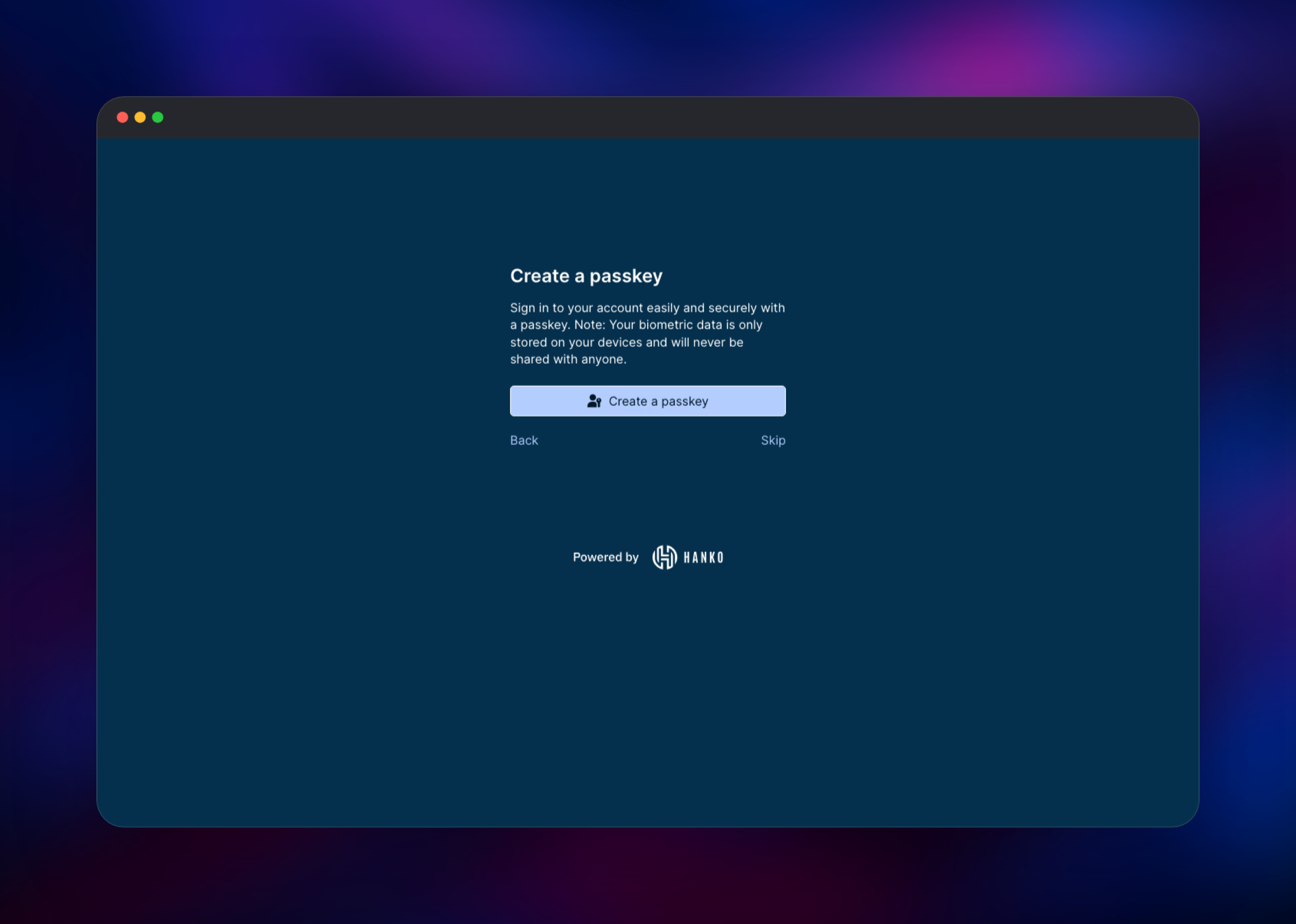 Hanko prompting a new user to create a passkey