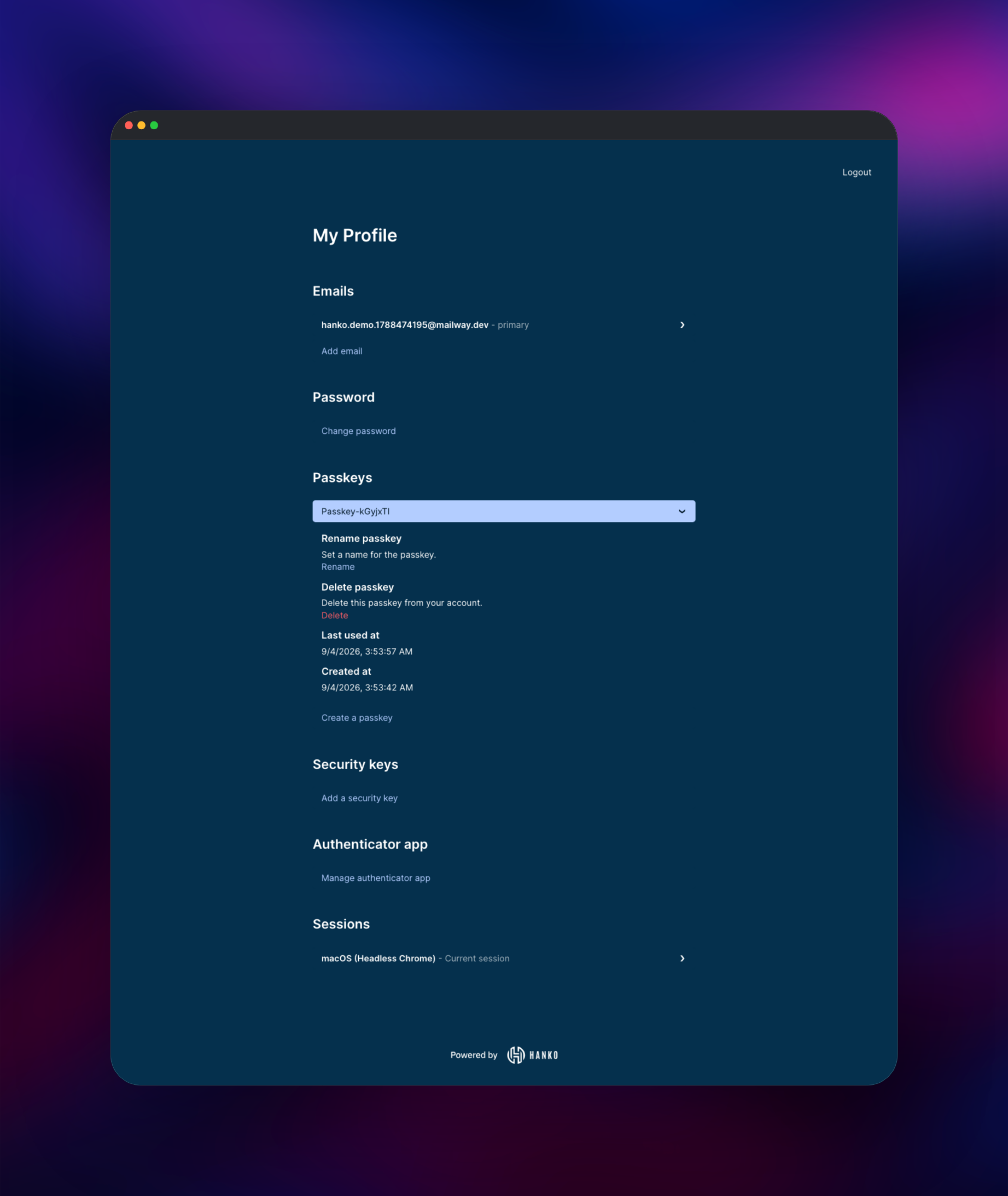 Hanko profile listing a registered passkey and session