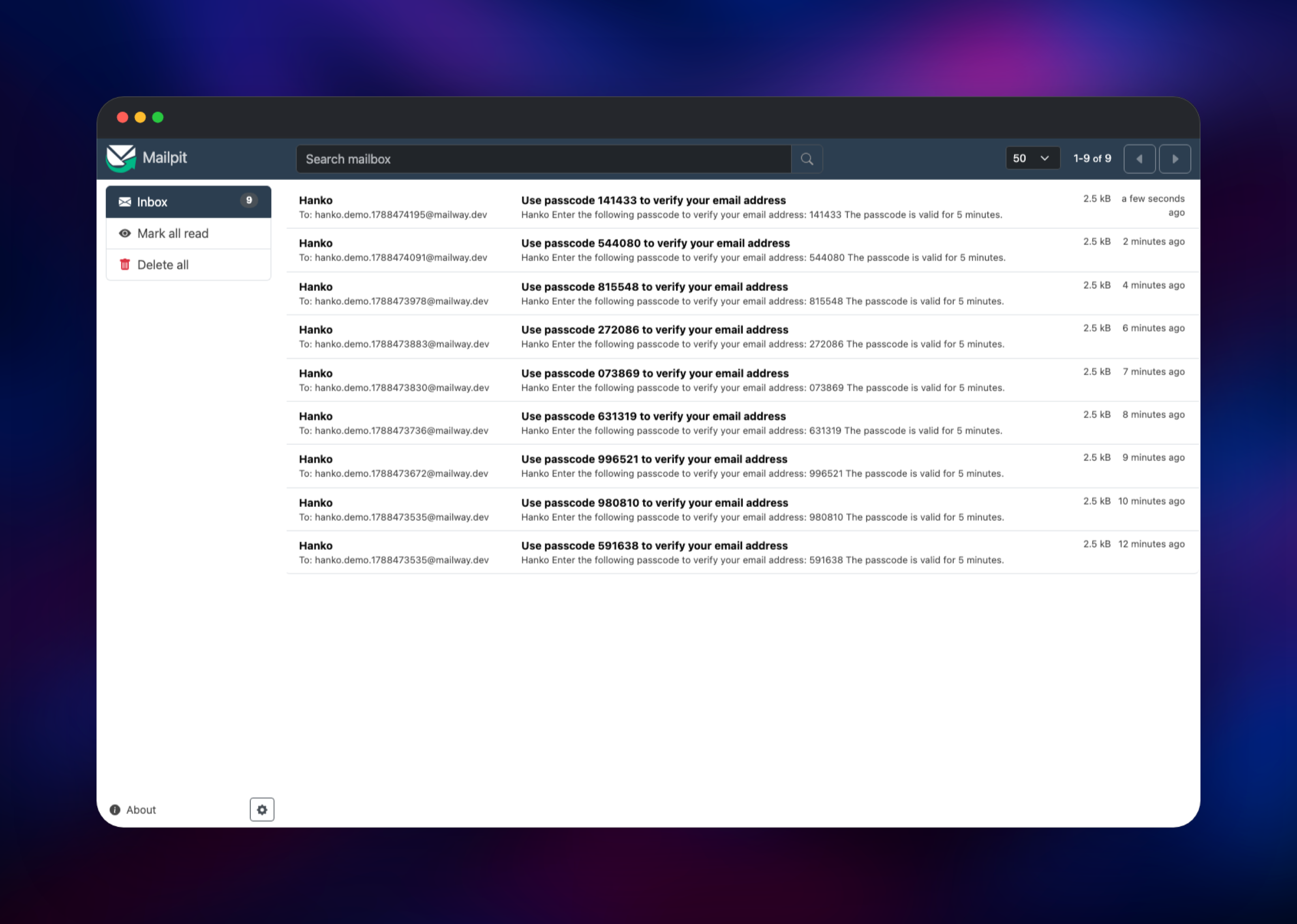 Mailpit inbox holding Hanko email verification passcodes