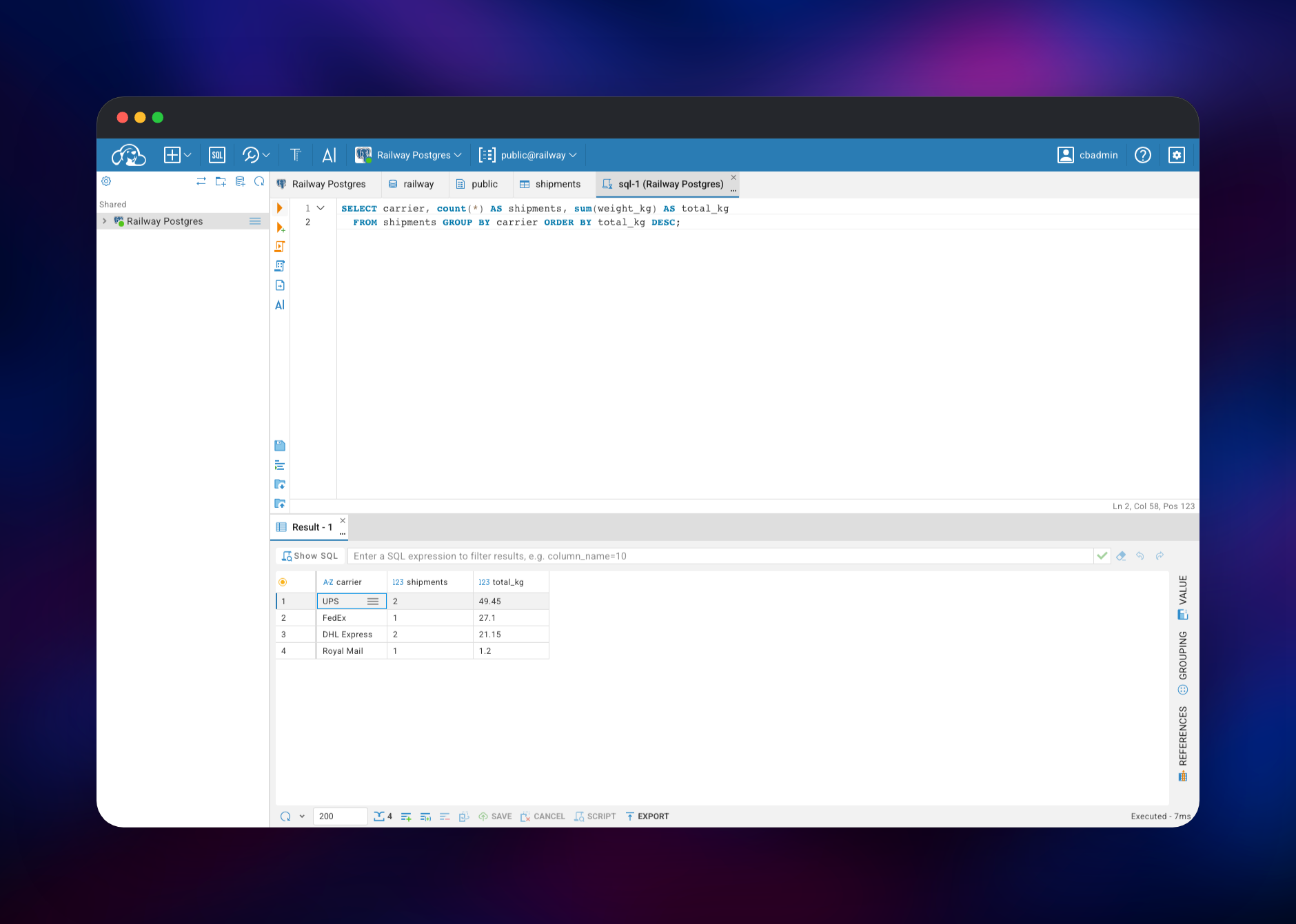 CloudBeaver SQL editor running a grouped shipment weight query