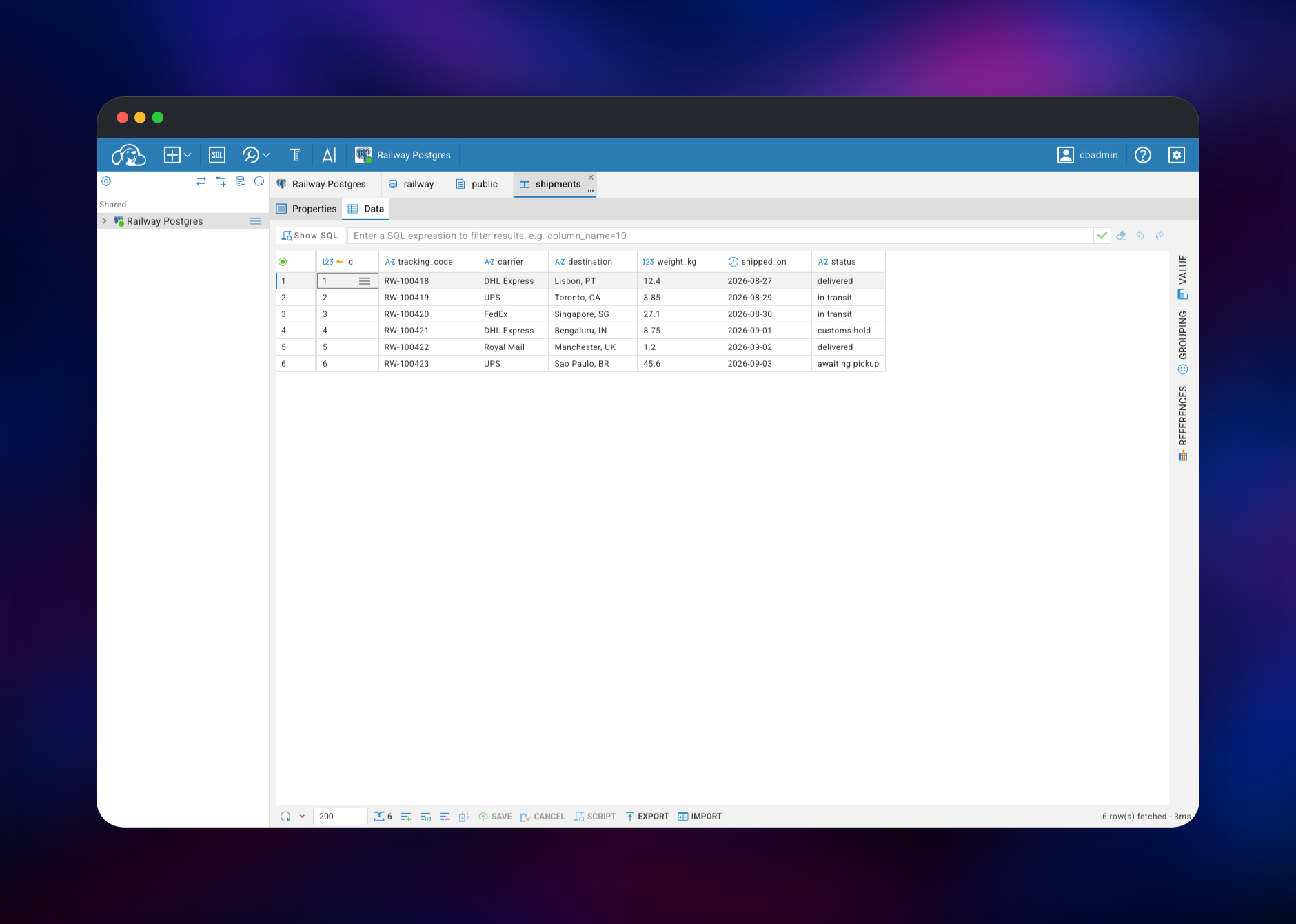 Shipment rows open in the CloudBeaver data editor grid