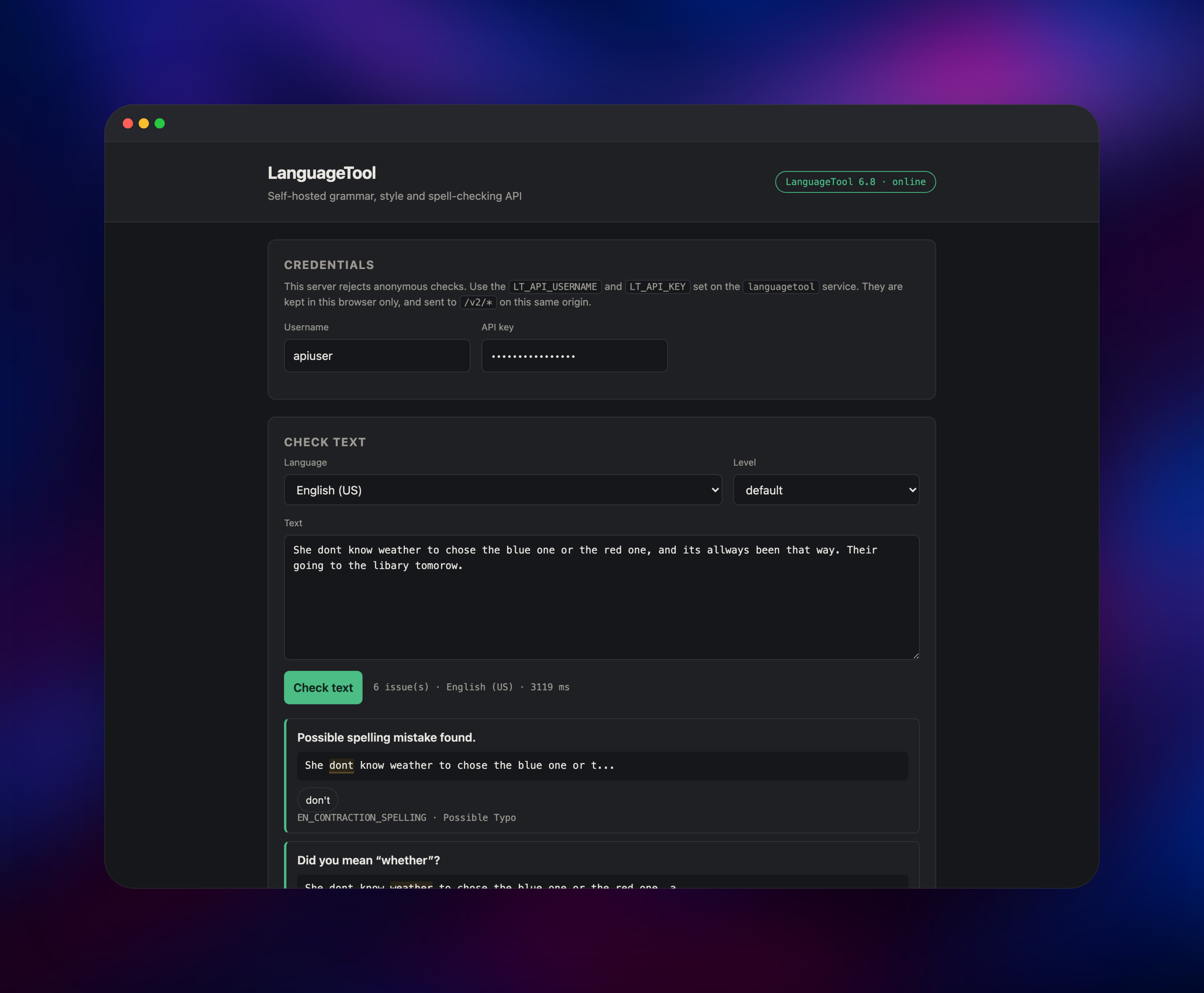 LanguageTool console checking a paragraph of misspelled English
