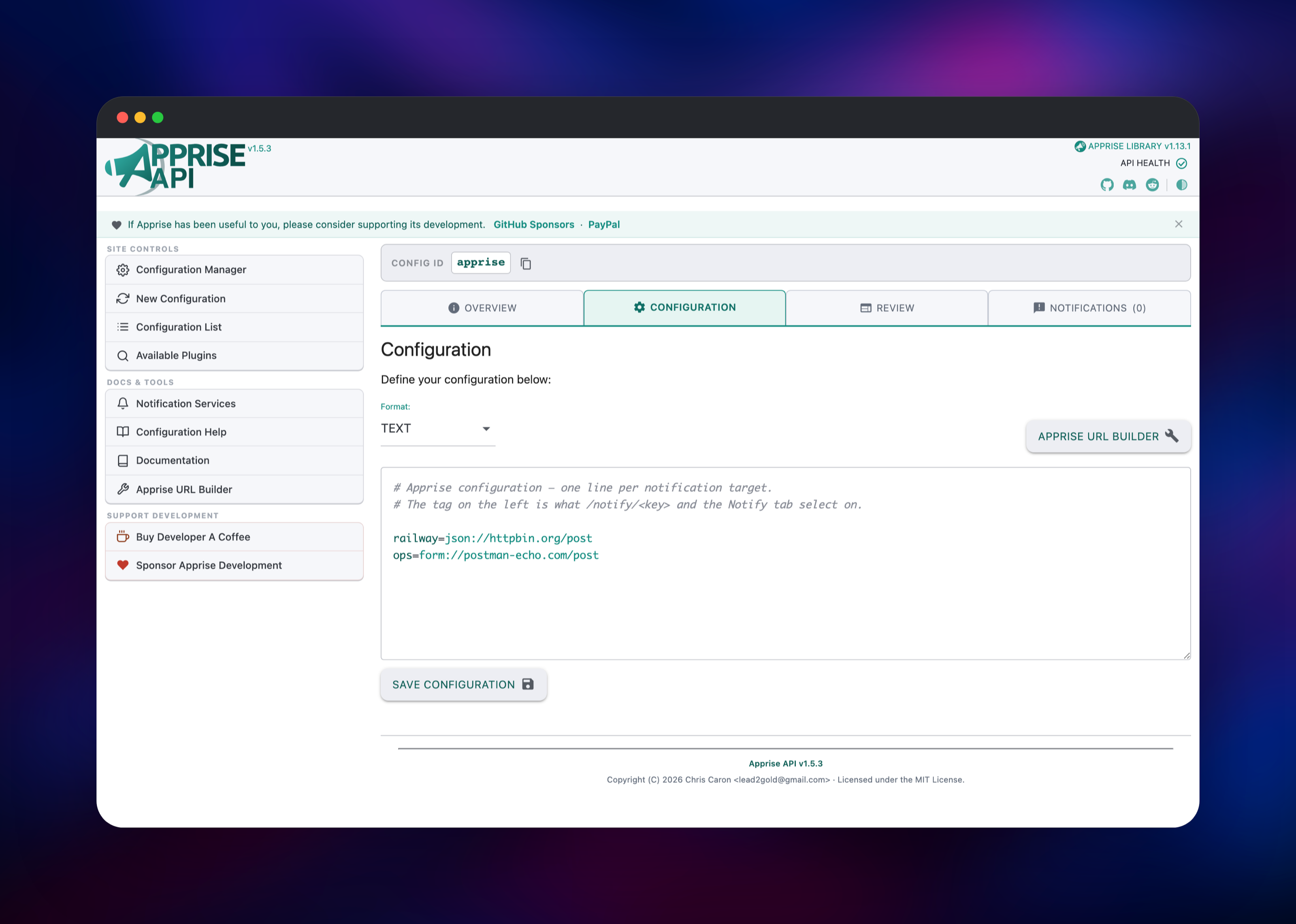 Apprise API configuration editor holding two tagged notification URLs