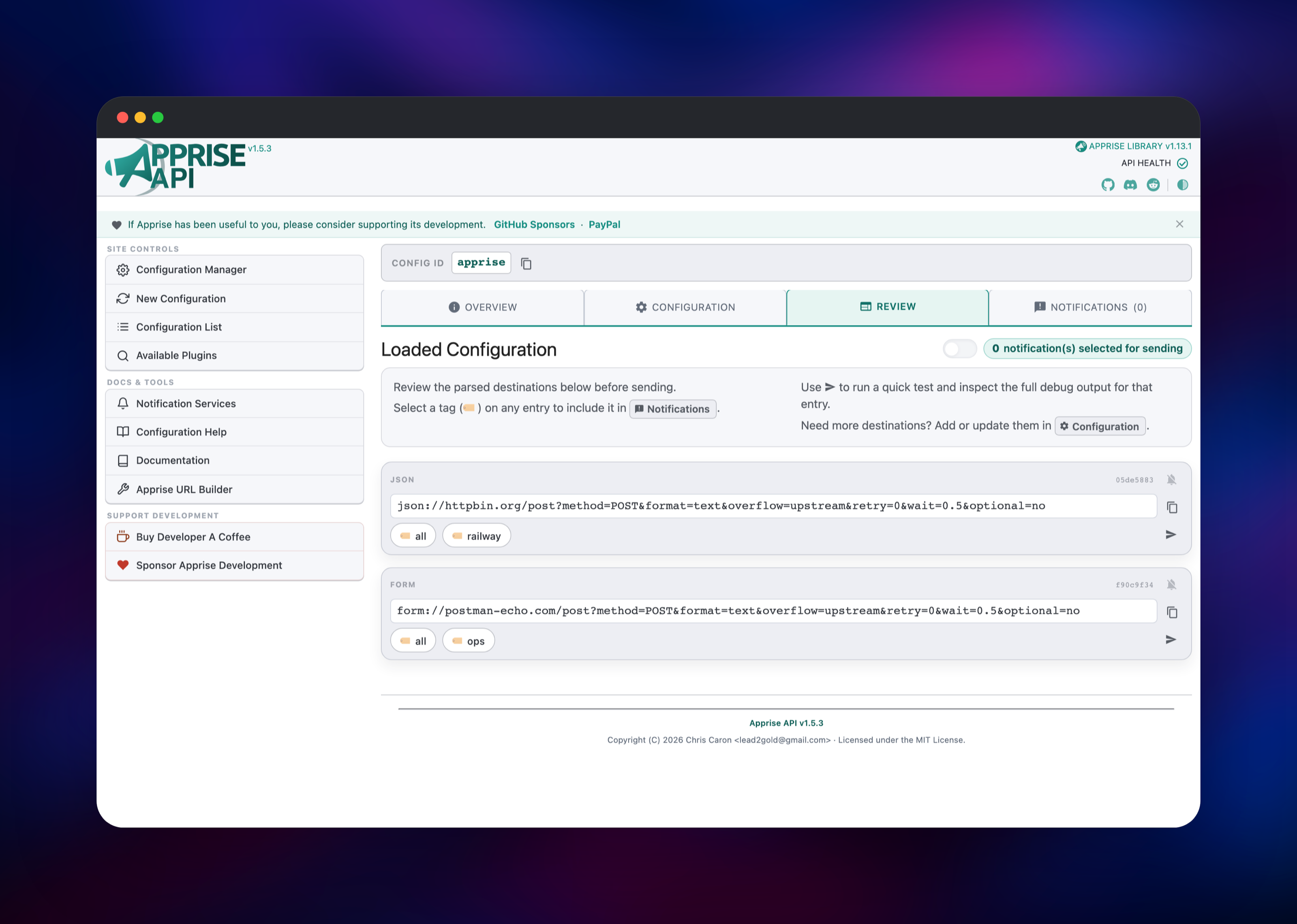 Parsed JSON and Form destinations with their tags in Apprise API