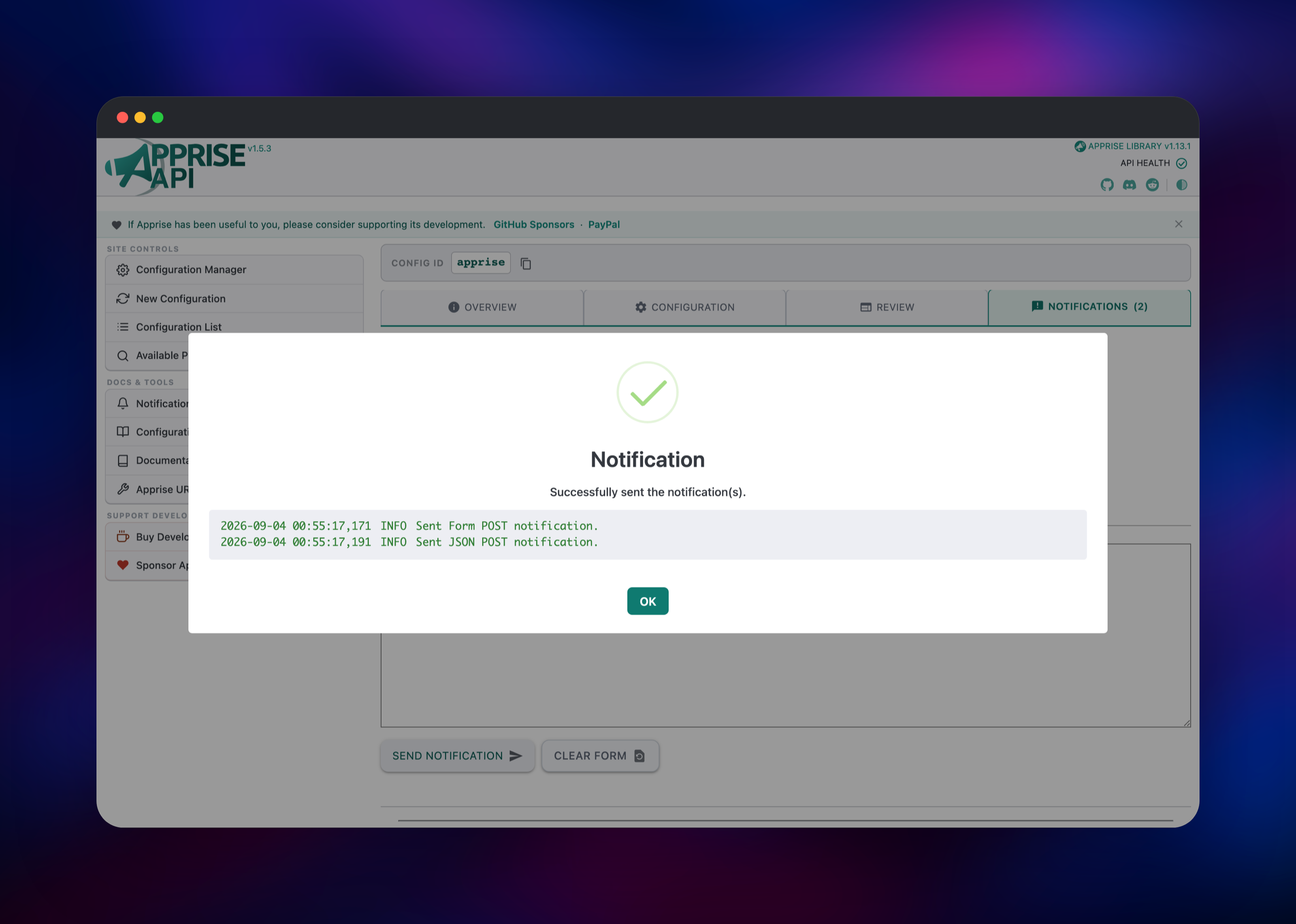 Apprise API confirming a notification delivered to both targets