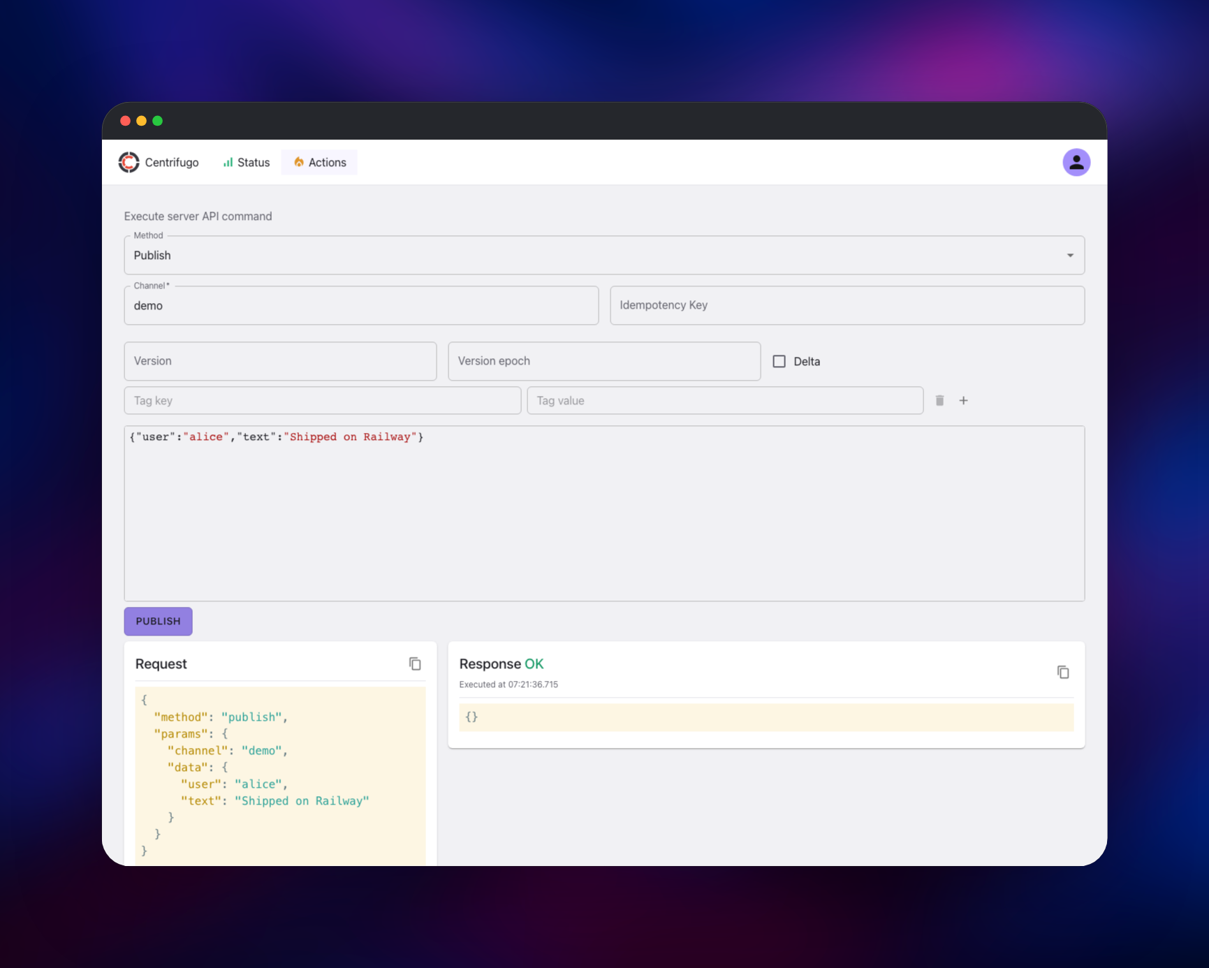 Publishing a JSON message to a channel from the Centrifugo admin