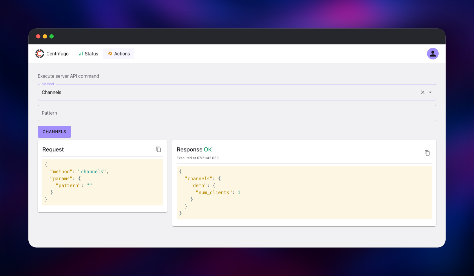 Centrifugo channels API response showing one active subscriber