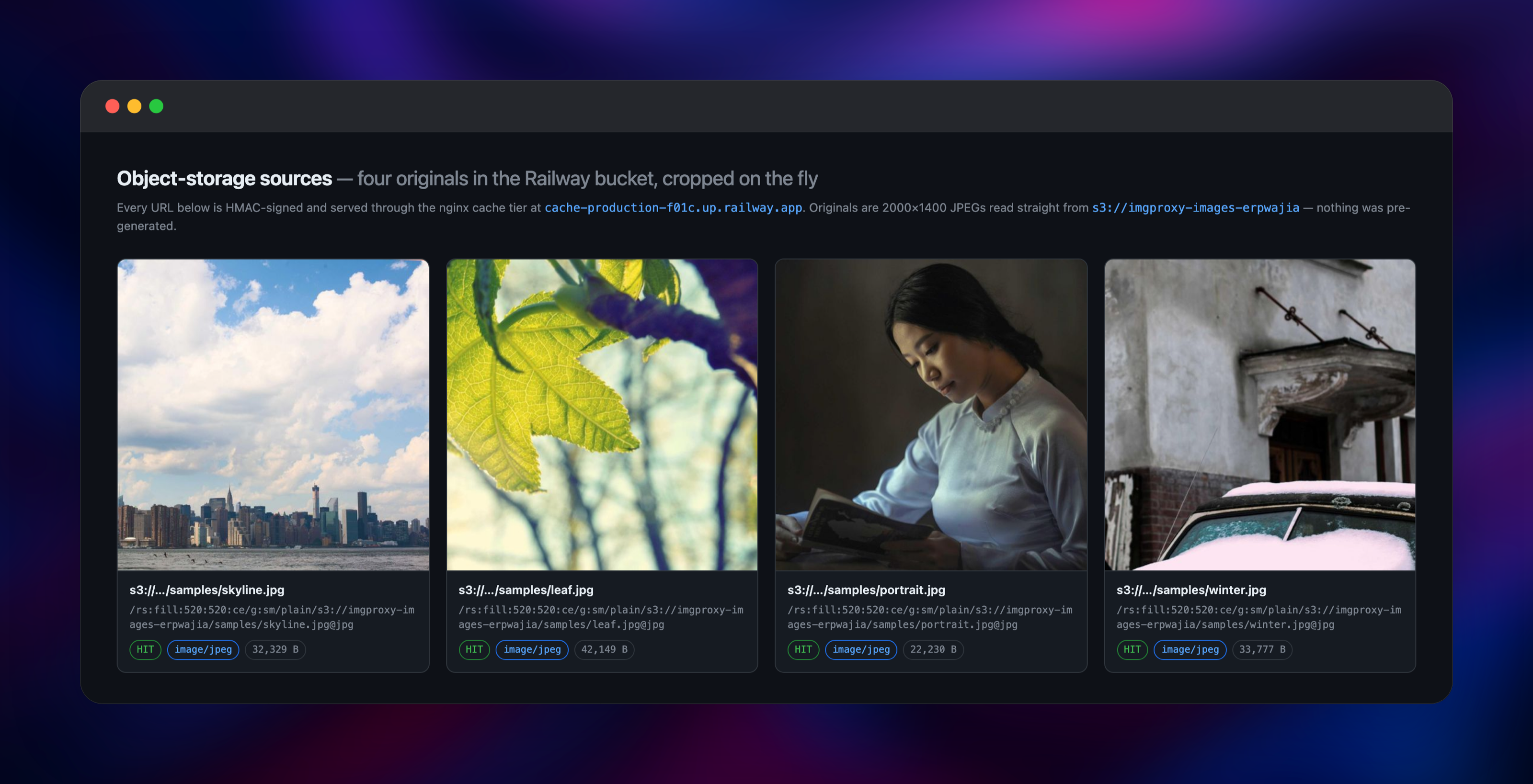 Four object-storage photos smart-cropped to squares by imgproxy
