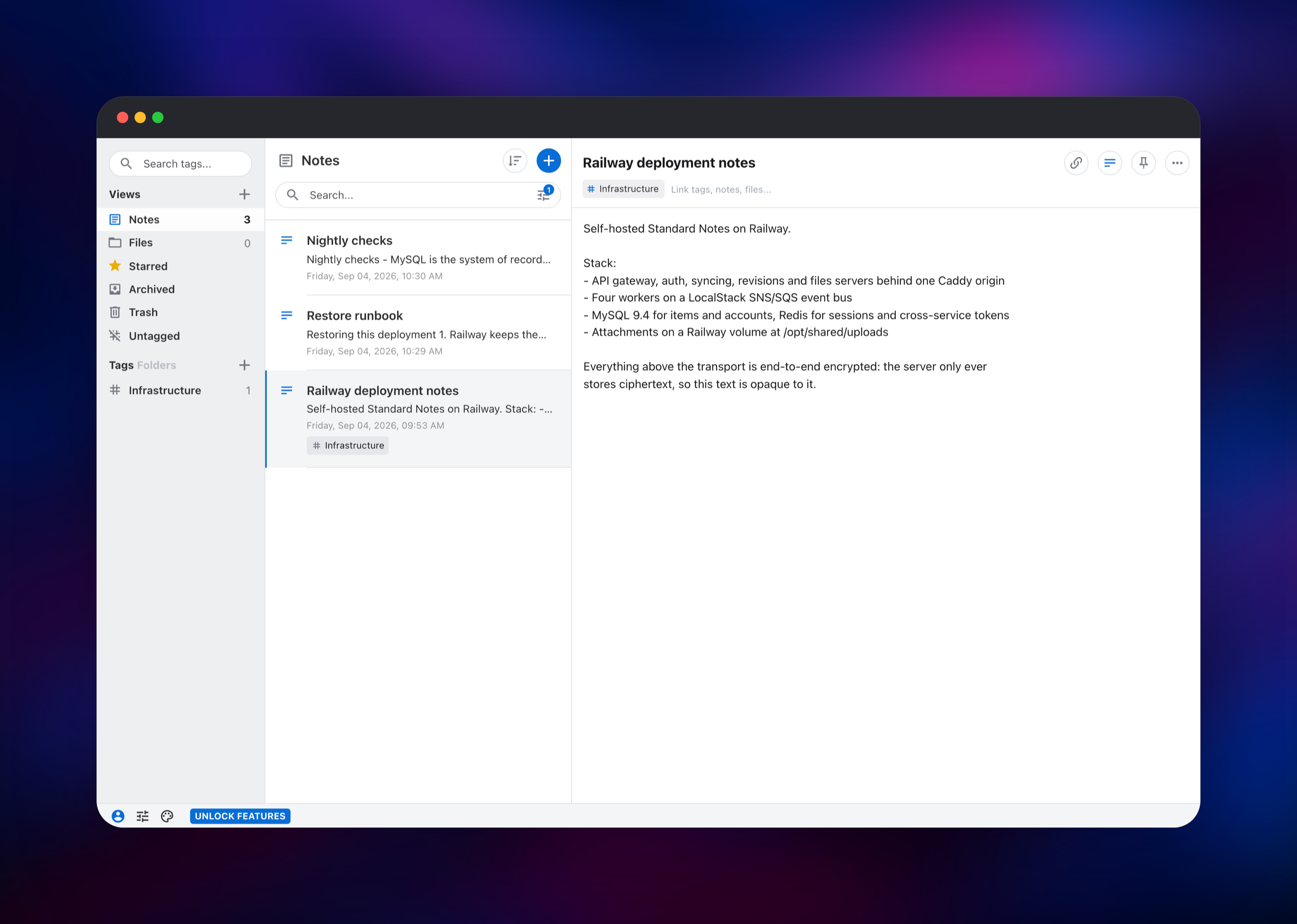Three synced notes beside an open note tagged Infrastructure