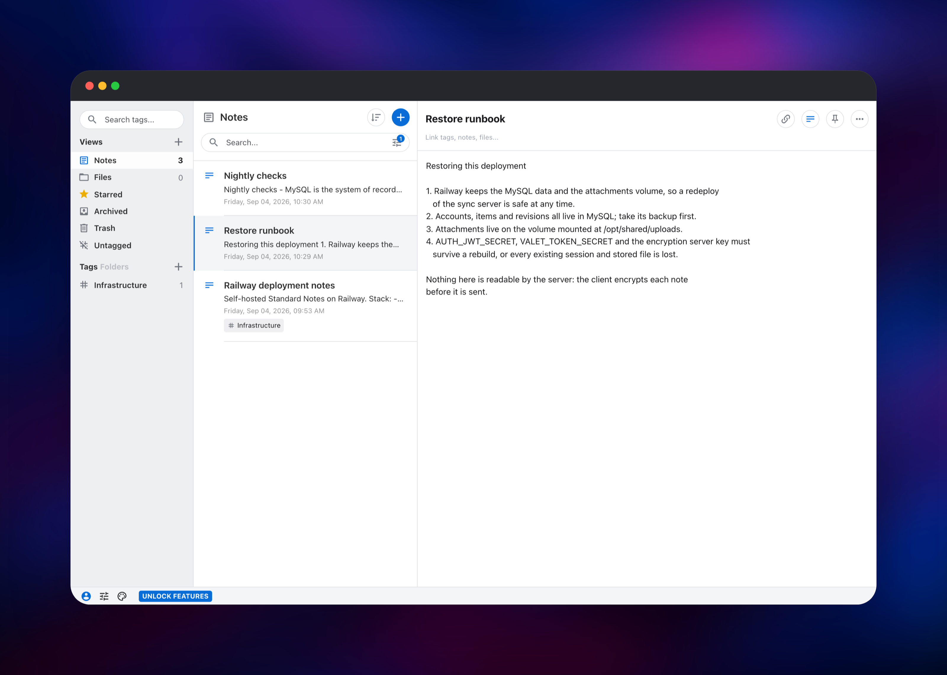 Editing a restore runbook note in the Standard Notes editor