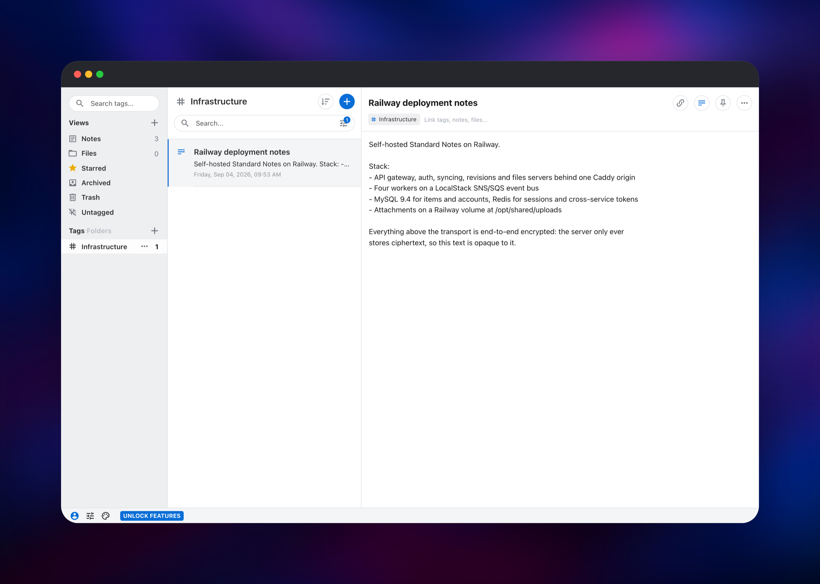 Notes filtered to the Infrastructure tag in the sidebar