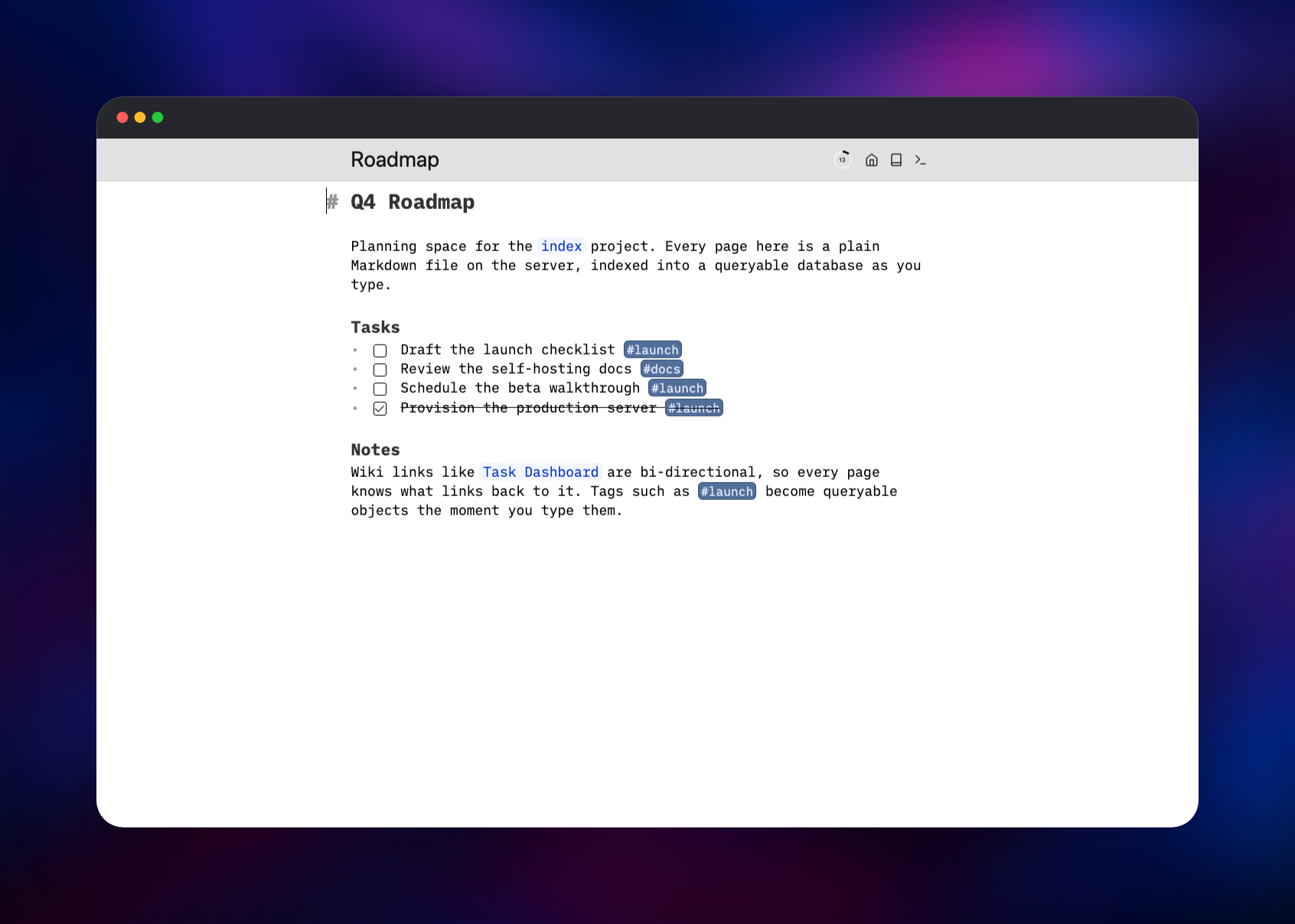 SilverBullet editing a roadmap page with checkable tasks and tags