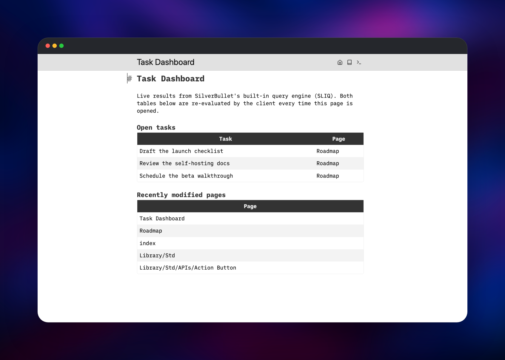 Query results listing open tasks and recently modified pages