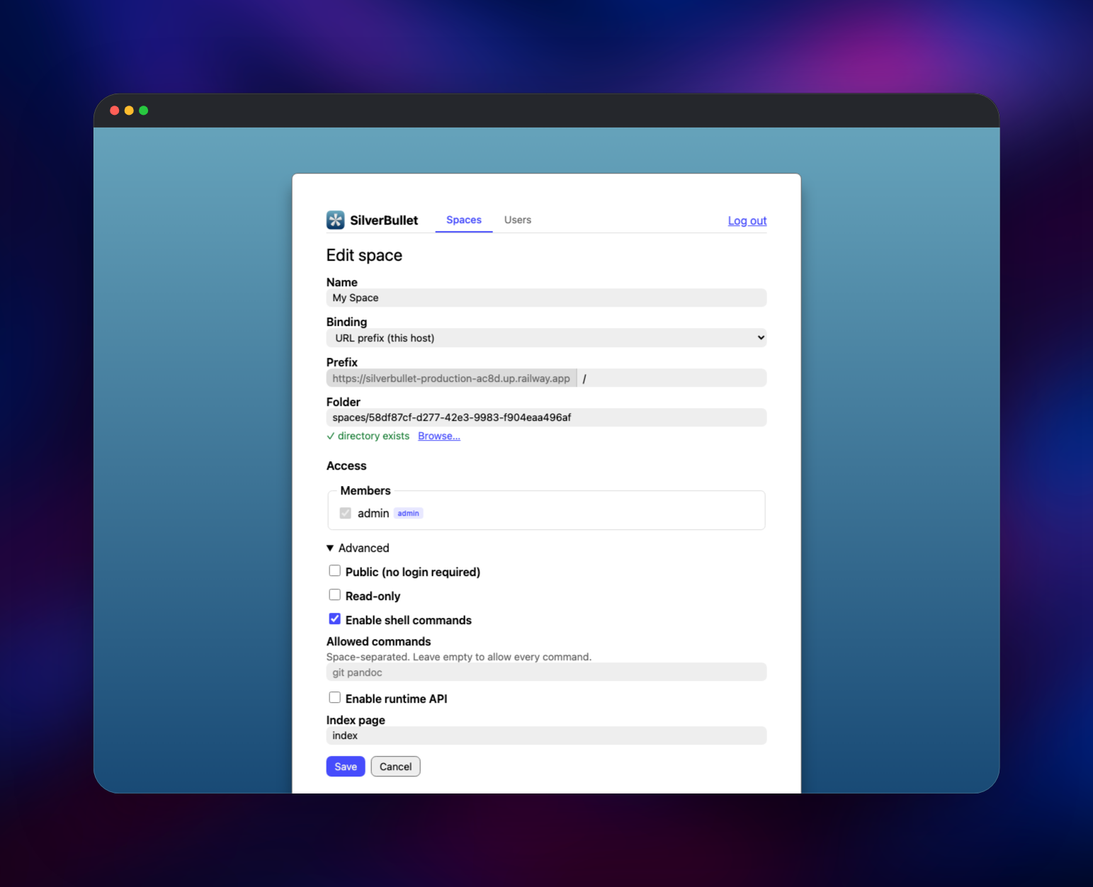 Space Manager settings for access, shell commands and bindings