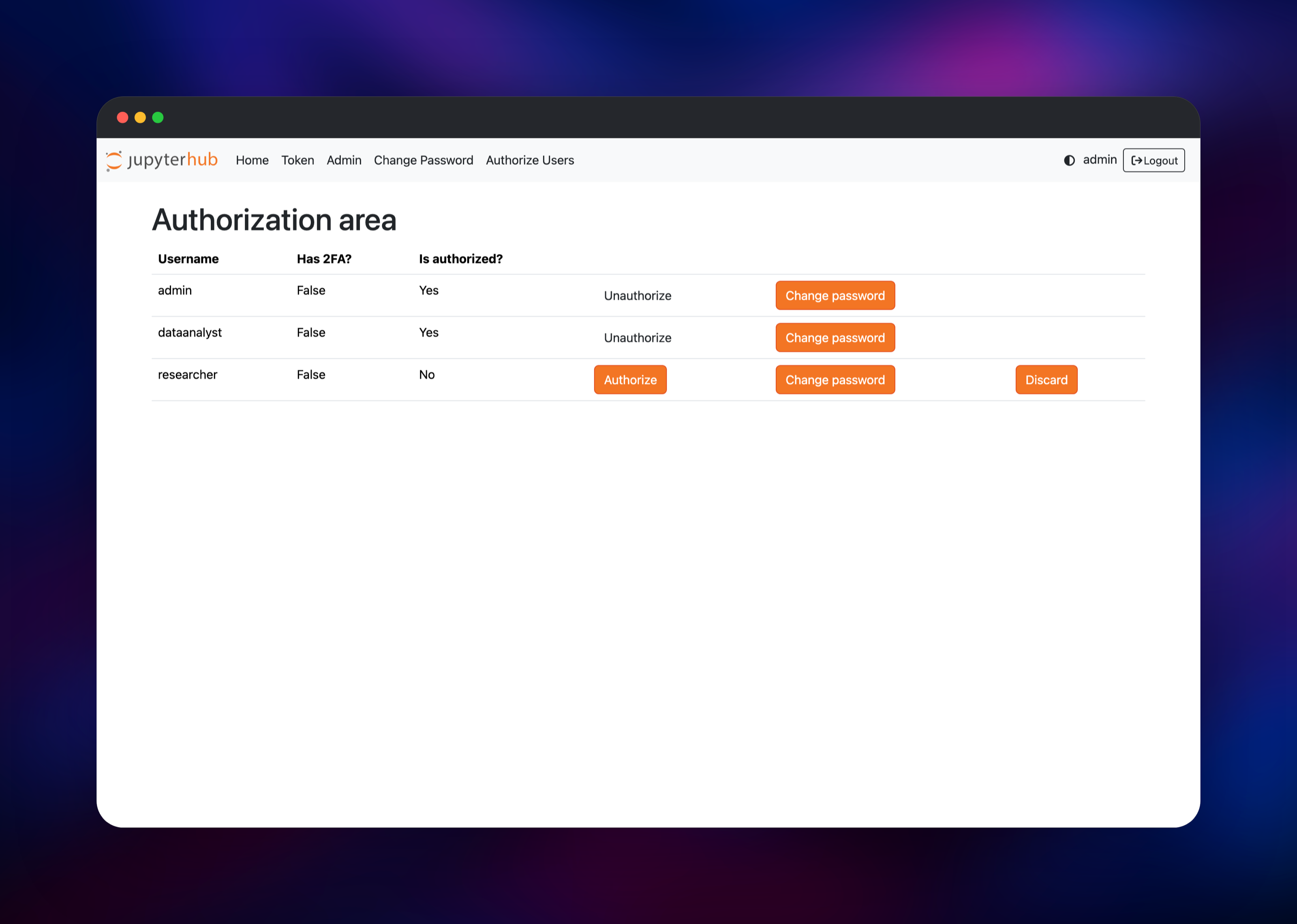 JupyterHub authorization area with a pending signup awaiting approval