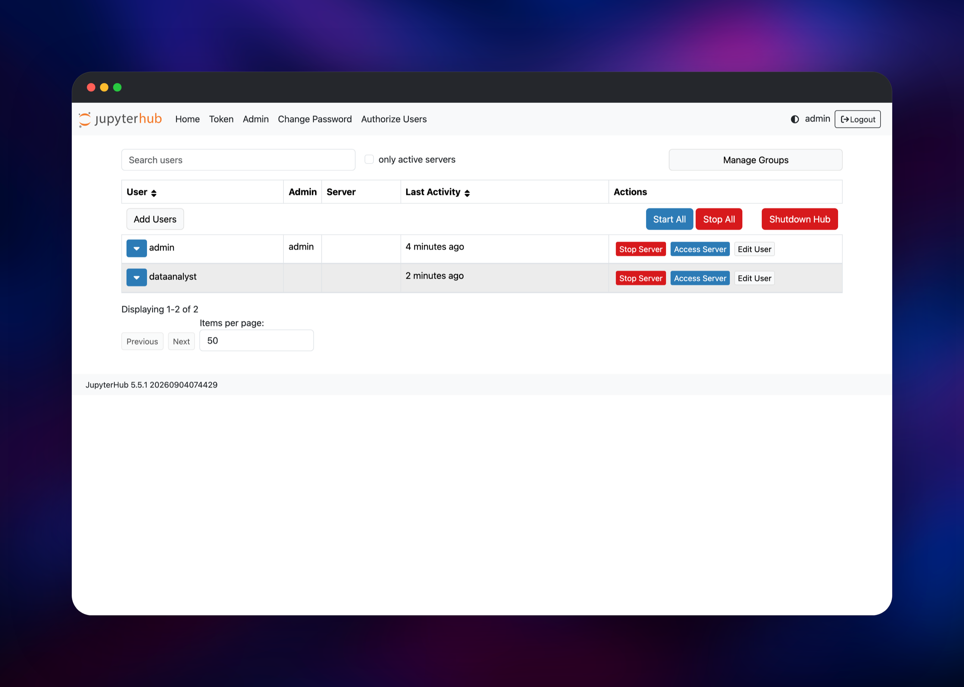 JupyterHub admin panel listing two users with running servers